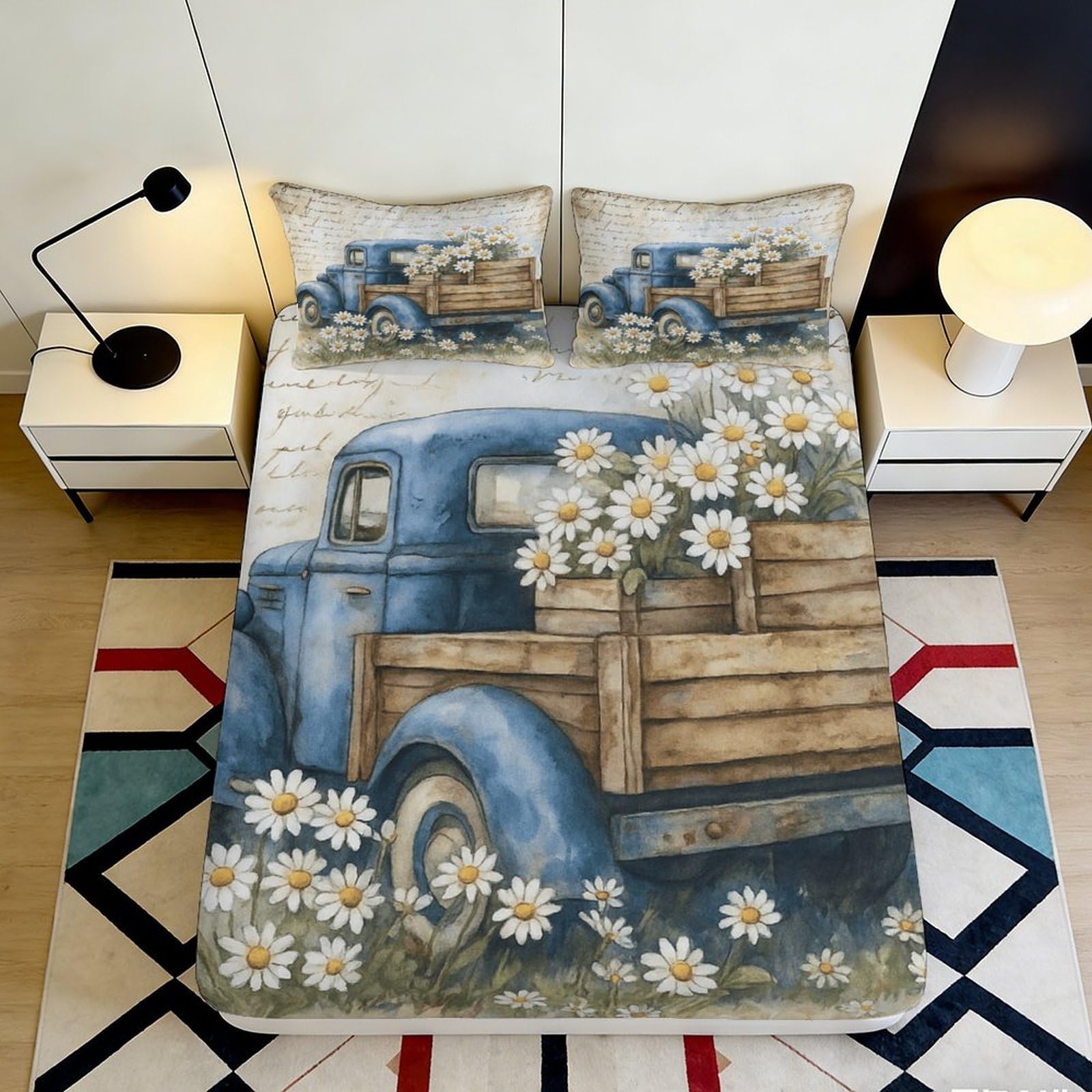 3D Printed Vintage Blue Truck Fitted Sheet Microfiber Soft Breathable Daisy Flowers Mattress Cover for Bedroom Dormitory Guest Room Protection 200x200x25cm