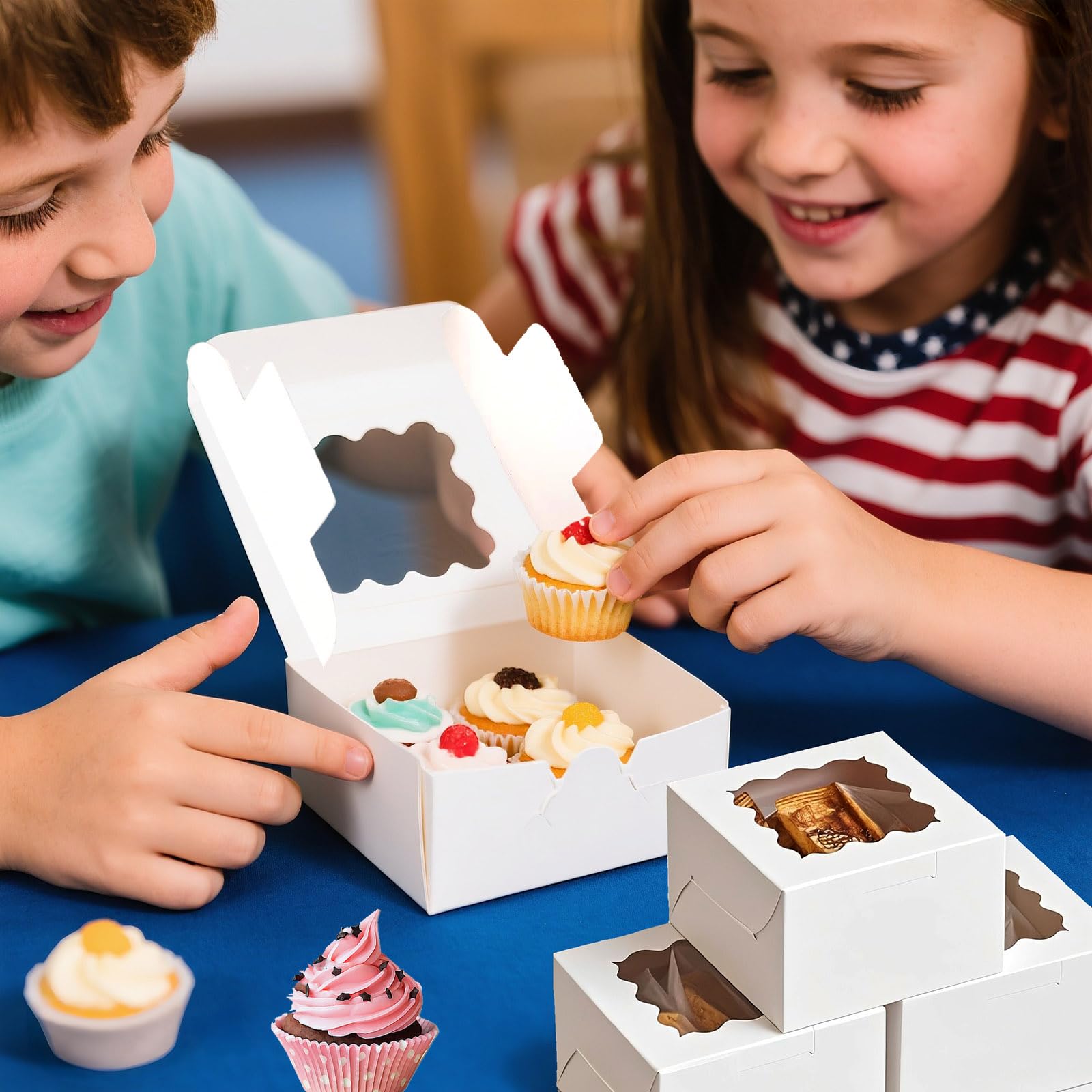 LTWQLing 50pcs White Cookie Boxes,4x4x2.5 Inches Bakery Boxes with Window,with Stickers, for Mini Cake Treat Dessert Pastry Donuts Macaroon Strawberries Chocolate Candy