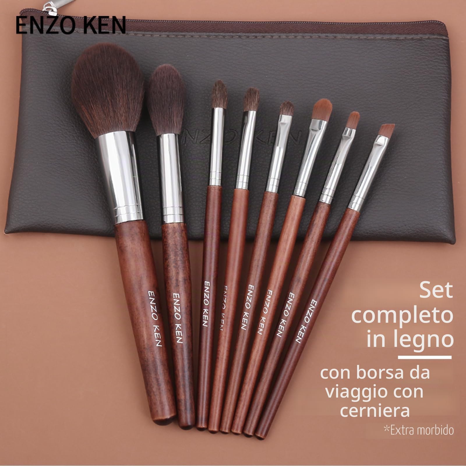 ENZO KEN - Set di pennelli professionali per trucco, con crini di cavallo naturali, con custodia, lussuosi, in legno, pennelli da trucco con setole naturali