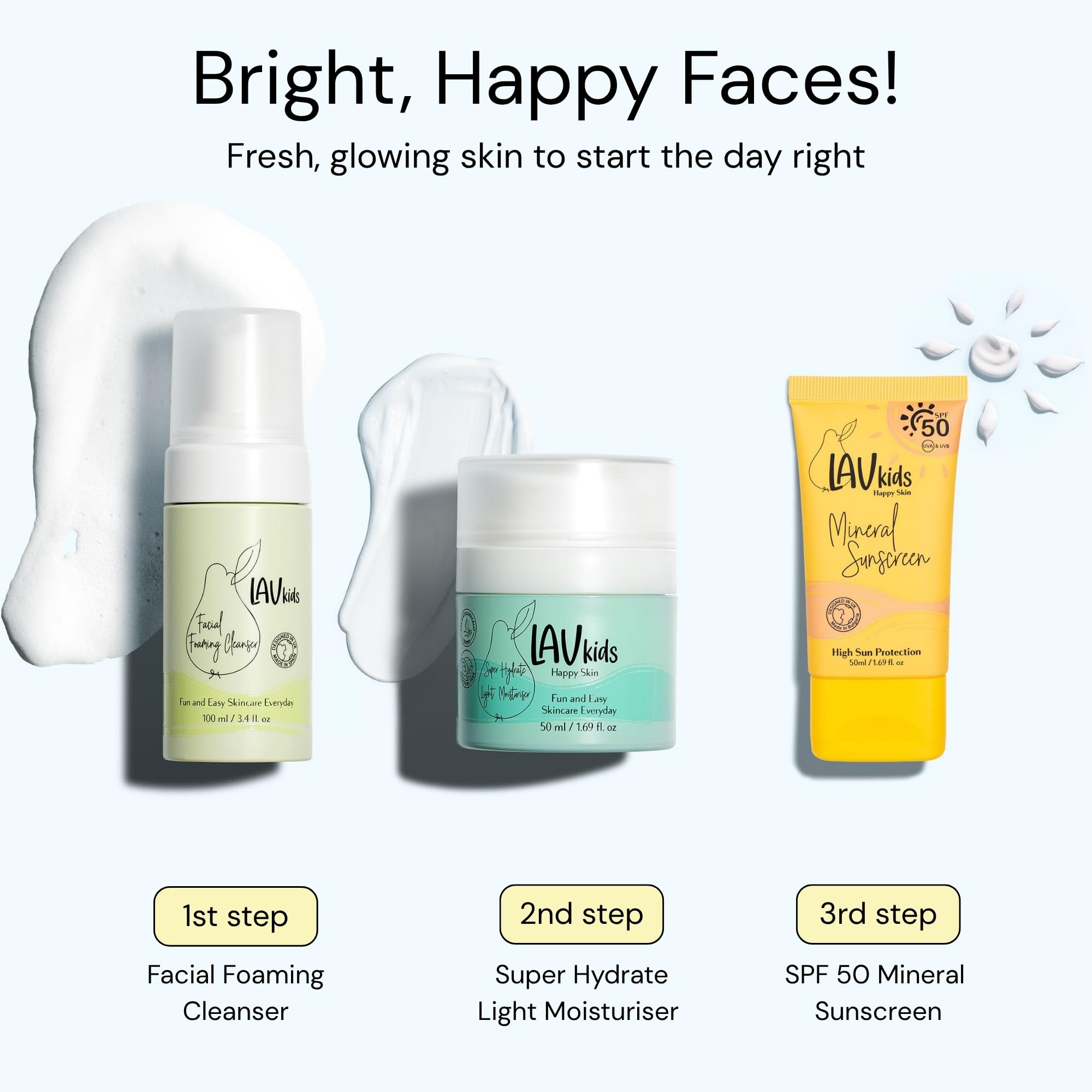 Lav Kids 3-Step Daily Skincare Set for Kids, Foaming Cleanser 100ml, Face Cream 50ml, SPF 50 Sunscreen 50ml - Image 2