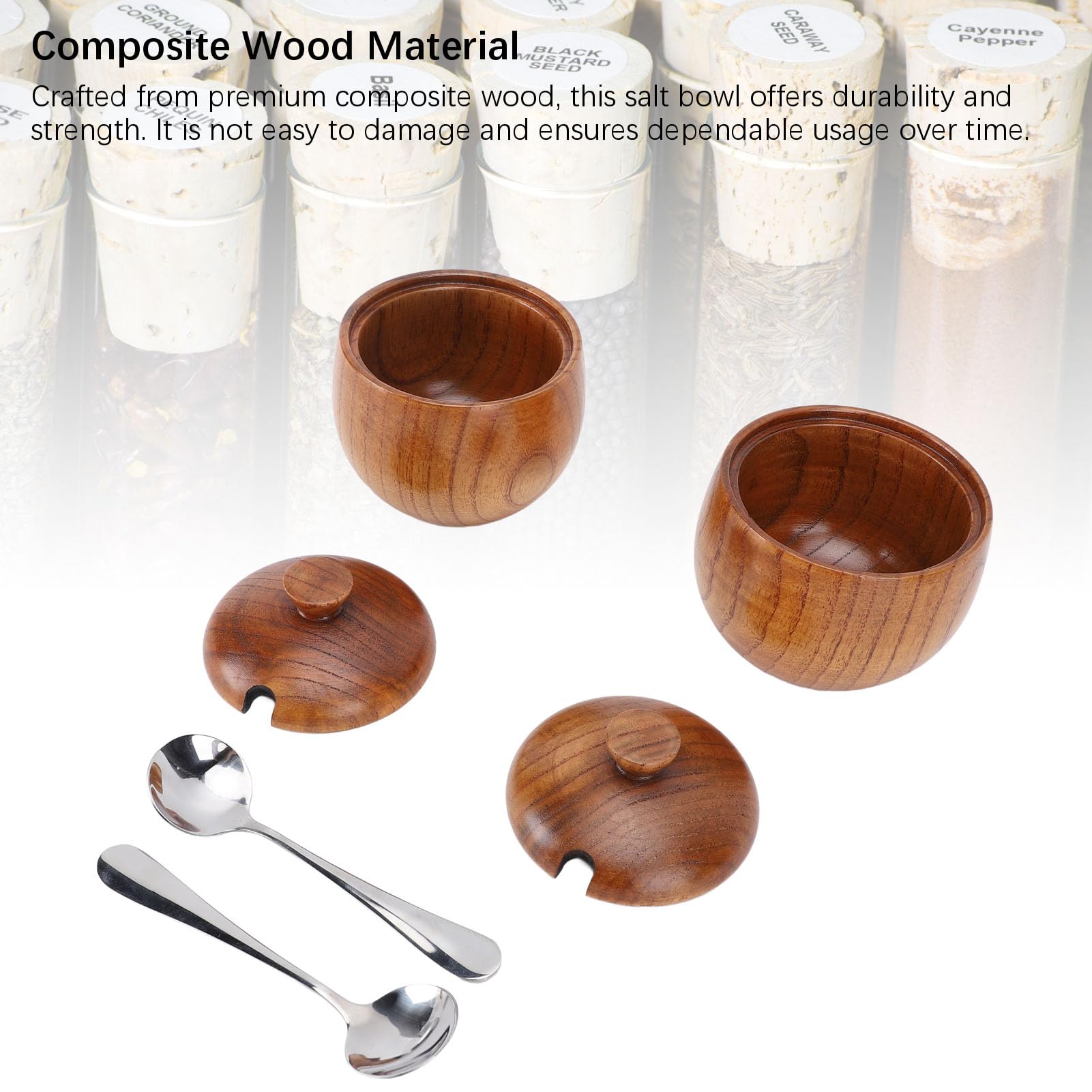 Nikou Frasco multifuncional de Wood Salt Bowl con cuchara de tapa para azúcar y especias 2 piezas