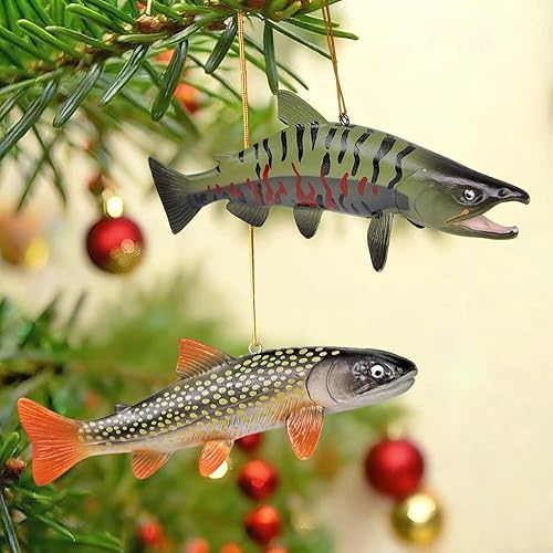 Miniatura 5 de Adorno de árbol de Navidad 3D de trucha y salmón de arroyo de 6 pulgadas, decoración de pesca para espejo retrovisor de automóvil, adorno colgante