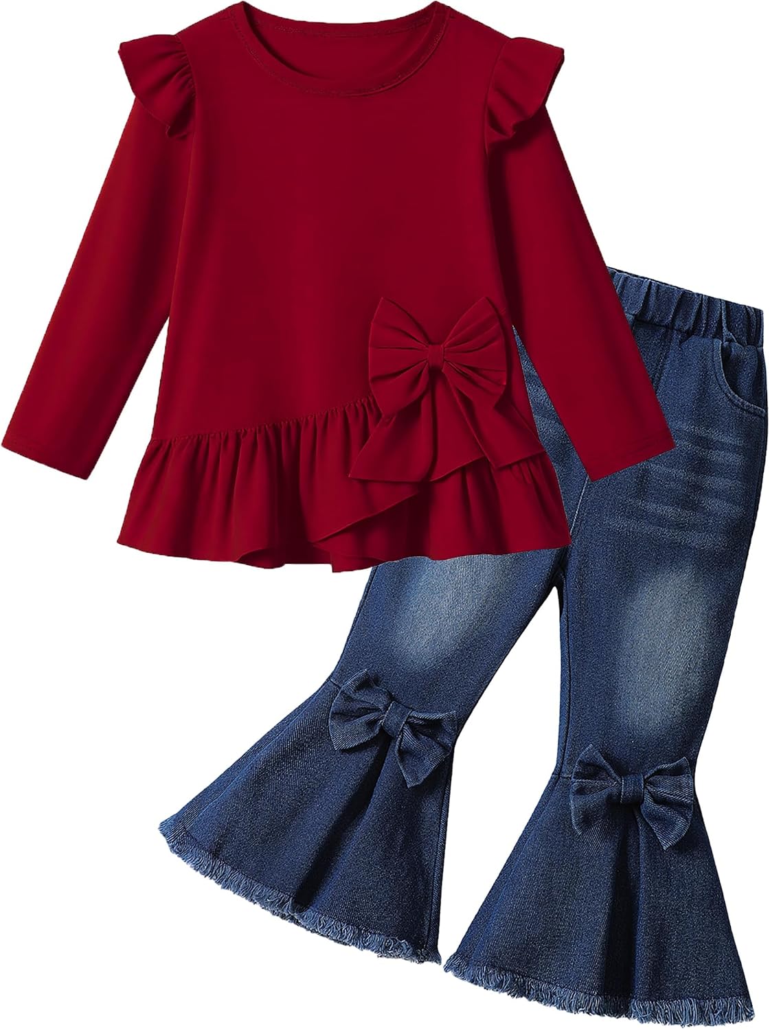 Toddler Girl Clothes Solid Color Ruffle Bowtie Top and Flare Pants Set Girls Fall Winter Outfits for 2-7 Years