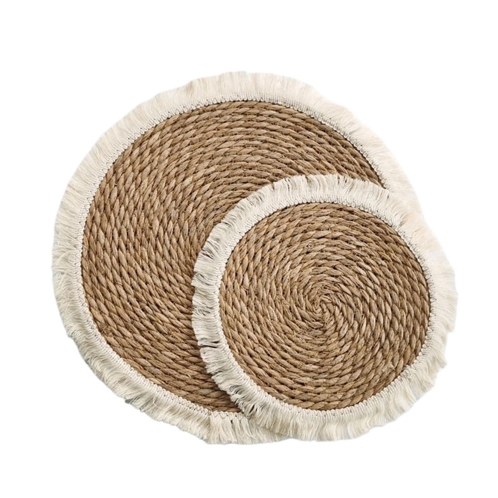 Wicker Placemat 2PCS Tassel Straw Woven Placemats Thick Mat Bushel Cup Coaster Knitting Table Plate for Wedding Dinning Decor(Color A,2PCS 25cm)