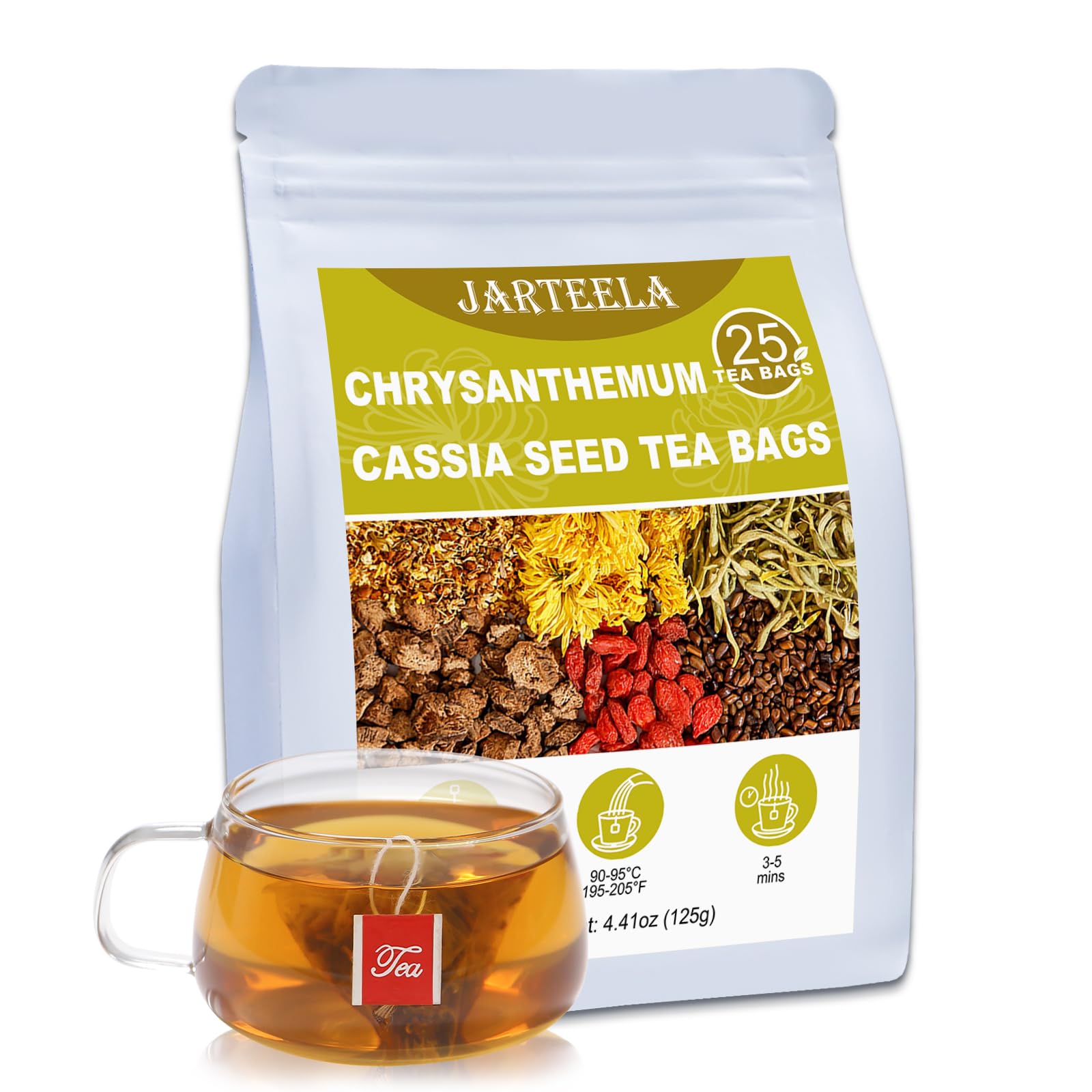 Jarteela - Chrysanthemum Cassia Seed Tea Bags - 5g x 25 Count - Chrysanthemum Blend Herbal Tea with Goji Berry, Burdock Root, Honeysuckle, Osmanthus - Support Overall Health