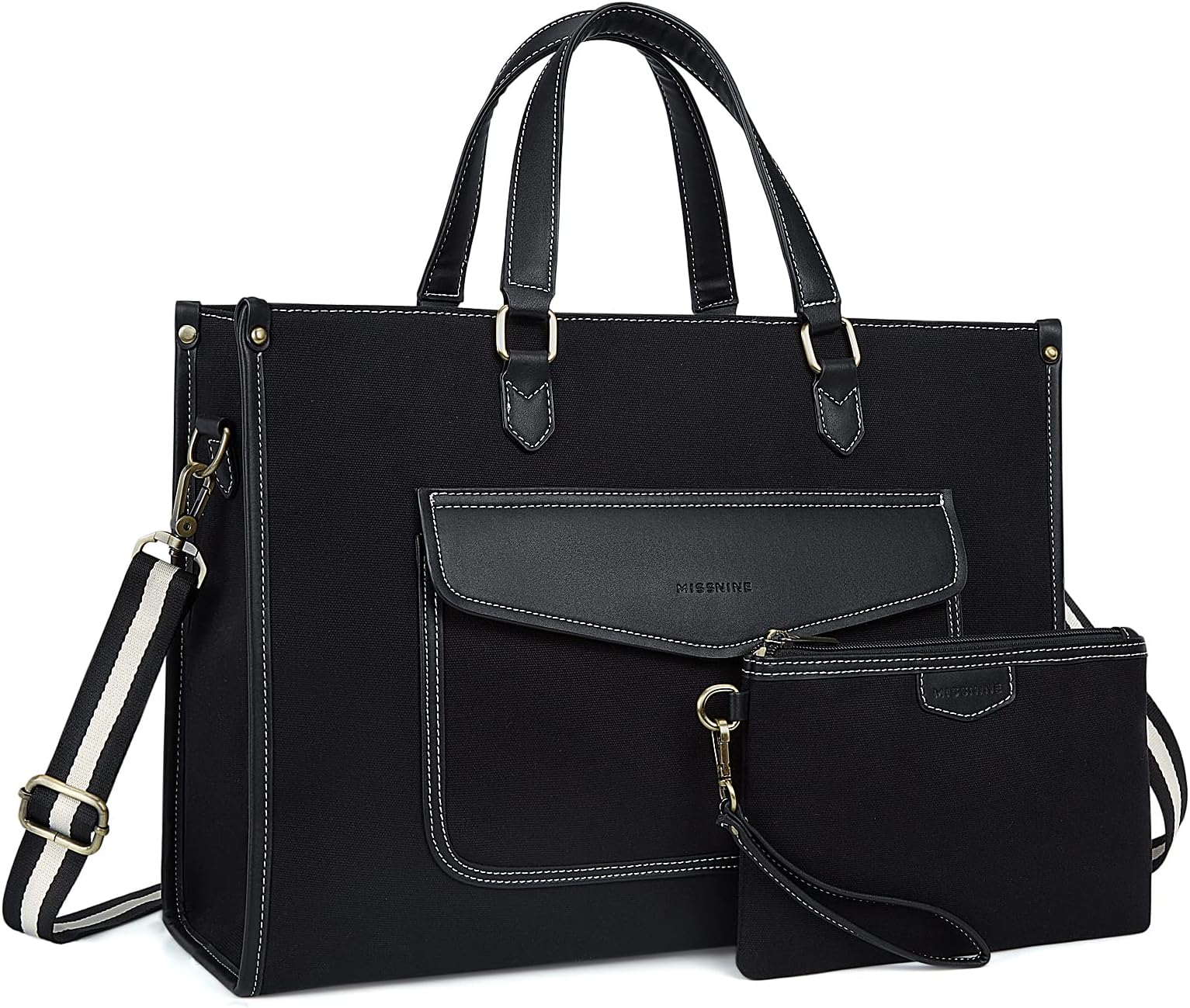Missnine Tote Bag Canvas Laptop Bag for Women 15.6 inch Casual Work Bags with Clutch Purse Computer 2 PCS Set (Black_2pcs)