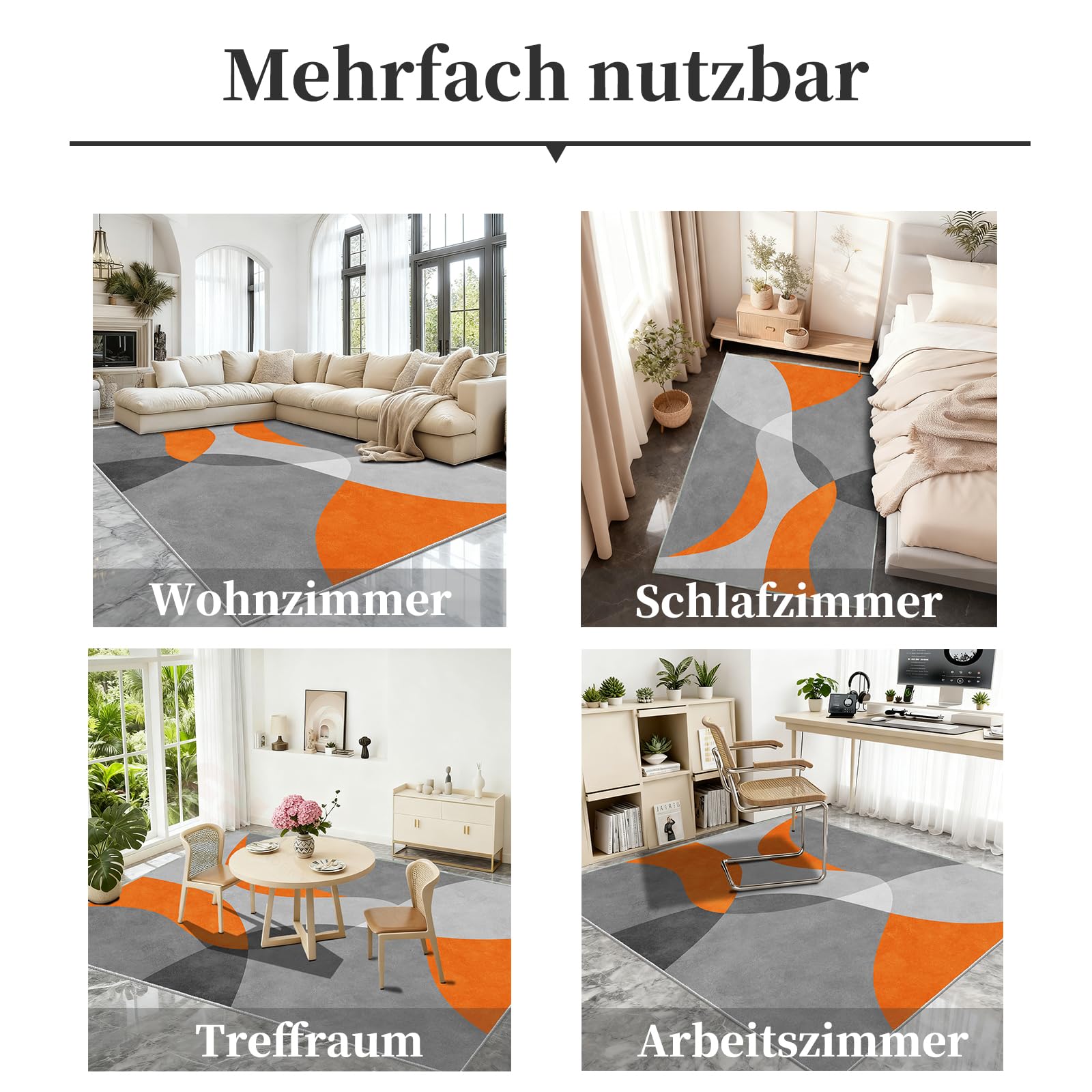 Tappeto Soggiorno Moderno Astratto 140 x 200 cm - Tappeto Lavabile e Pieghevole, Antiscivolo e Morbido, Tappeto Pelo Corto Geometrico Grigio e Arancione per Salotto, Camera da Letto e Ufficio