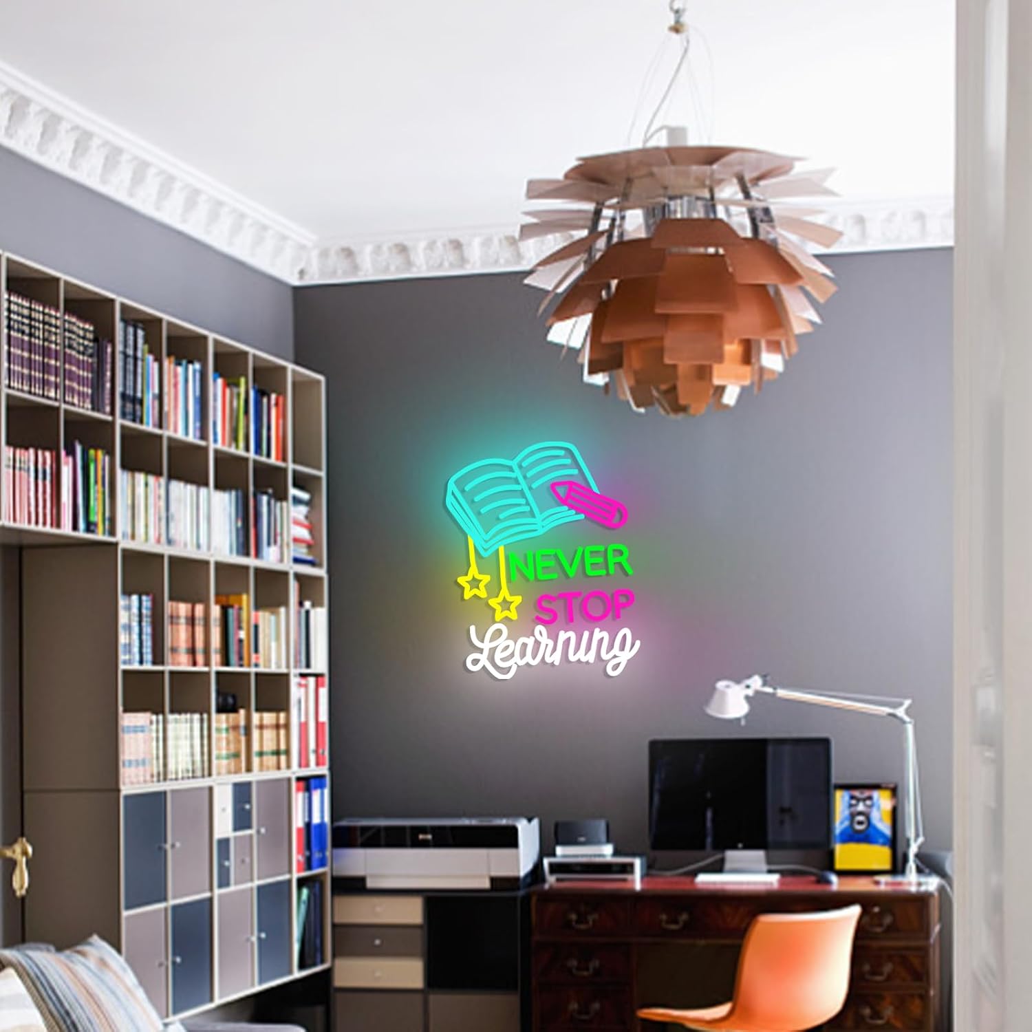 Read Books Neon Sign Led Never Stop Learning Light Up Sign for Wall Decor Dimmable Positive Reading Book Neon Classroom Sign for Learning Room Bookstore Study Room Library