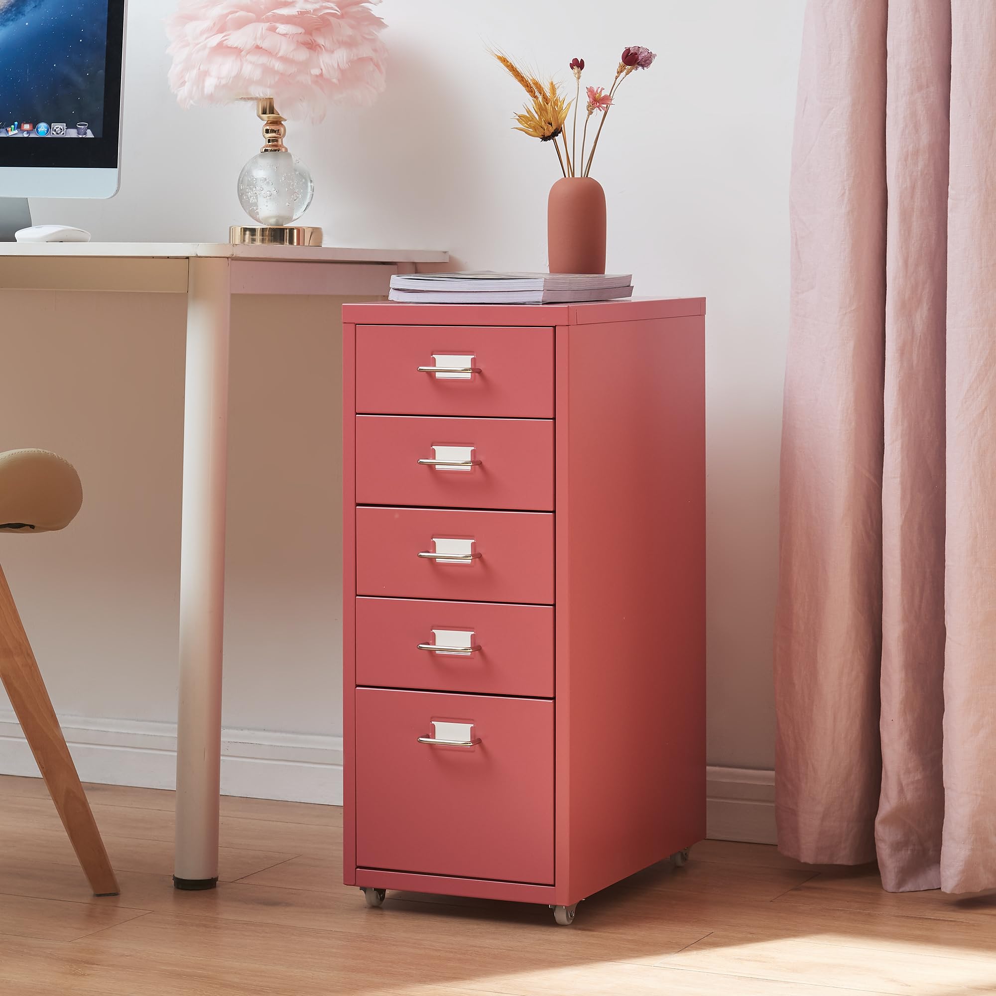 [en.casa] Caisson de Bureau 5 Tiroirs Meuble de Rangement Roulant Organisateur pour Documents Dossiers avec Porte-Étiquettes Fournitures de Bureau Robuste Moderne Acier 69 x 28 x 41 cm Rouge Pastèque