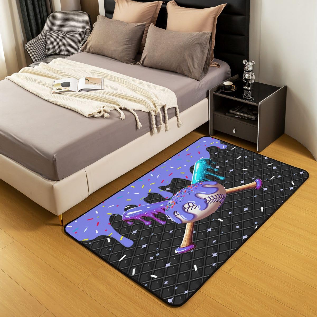 Homewish Dywan o tematyce baseballowej 100 x 150 cm do sypialni - dla dzieci nastolatków dorosłych, fioletowe dywany do lodów salon miłośnik piłki sportowej nie gubi włosia dywan kremowe cukierki
