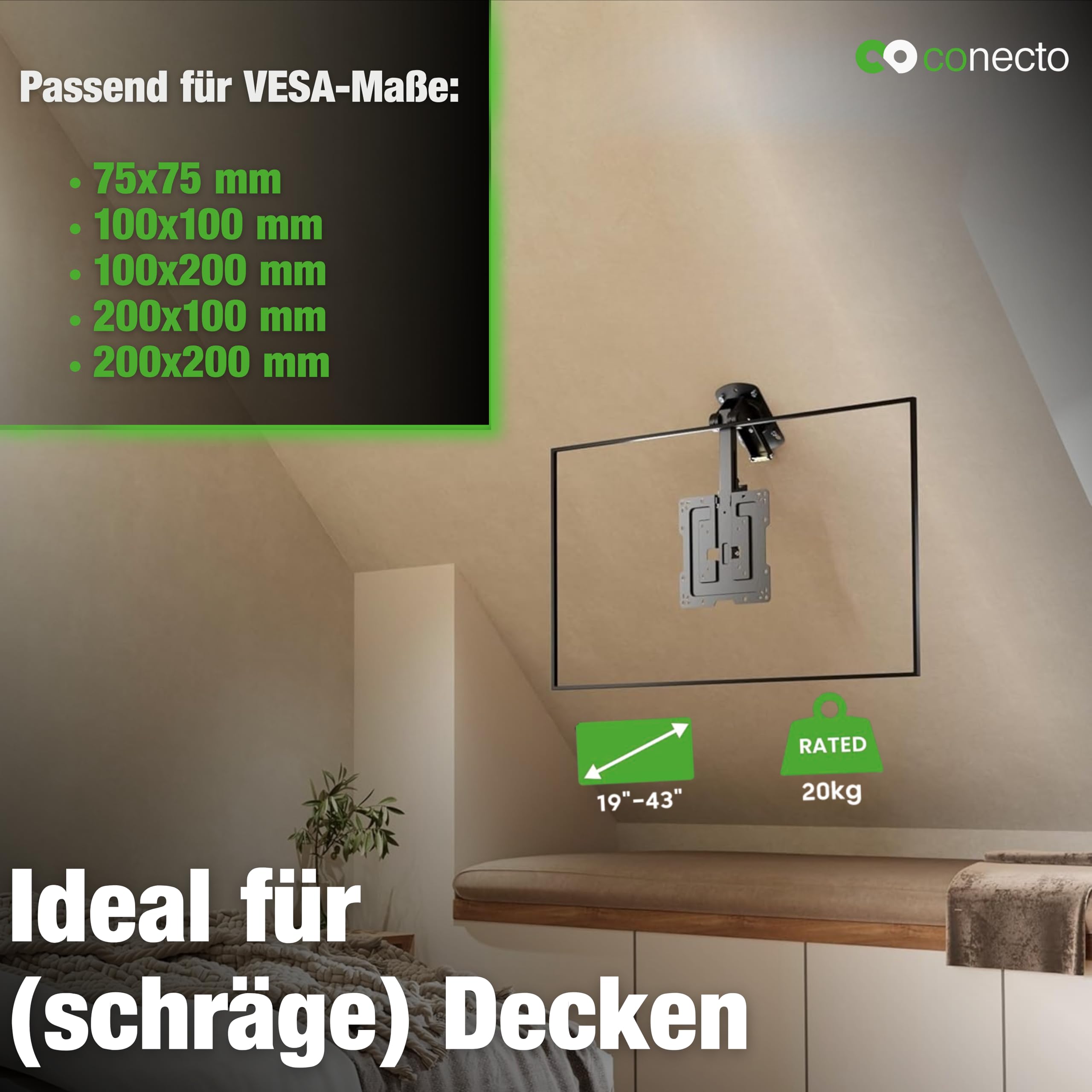 Conecto Support TV pour Plafond, adapté aux téléviseurs de 19 à 43 Pouces, Pliable, réglable en Hauteur, pivotant, inclinable, jusqu'à VESA 200x200, Noir