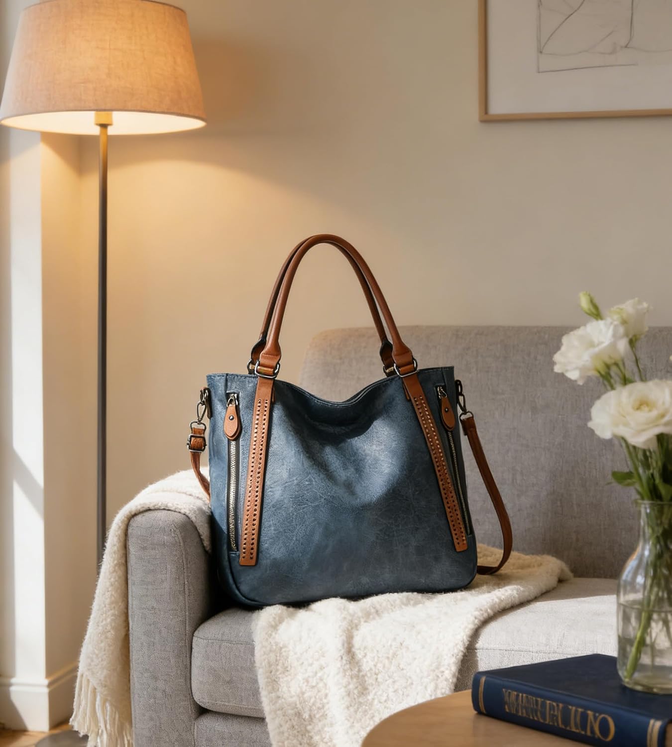 myfriday Vintage Slouchy Tote Bag for Women, Large Vegan Leather Hobo Shoulder Bag Satchel Purse with Adjustable Strap