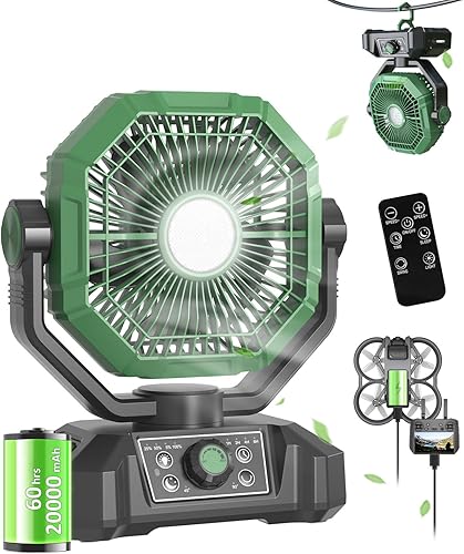 Ventilador de camping portátil de 20000 mAh con luces, ventilador de batería recargable, tienda de campaña de playa al aire libre con 3 velocidades