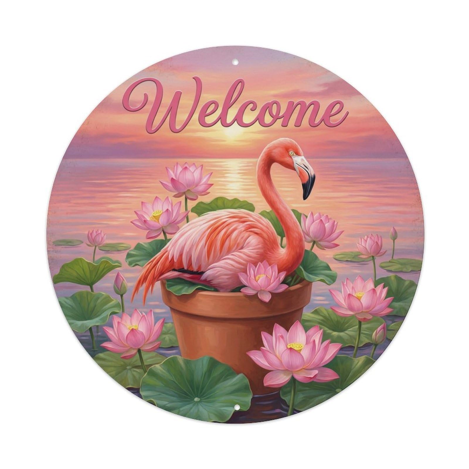 Metal Tin Sign Welcome Flamingo Pink Lake