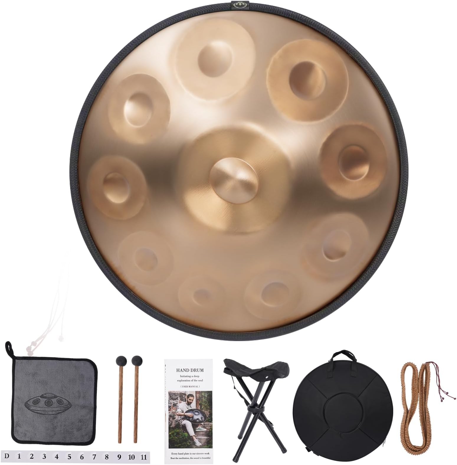 Handpan Drum 440Hz 22 Inches 10 Notes Hand Drum, D Minor Kurd Premium Nitrided Steel Handpan Drums Musical Instrument for Adults Hand Pan Drum Ensemble Instrument (Gold)