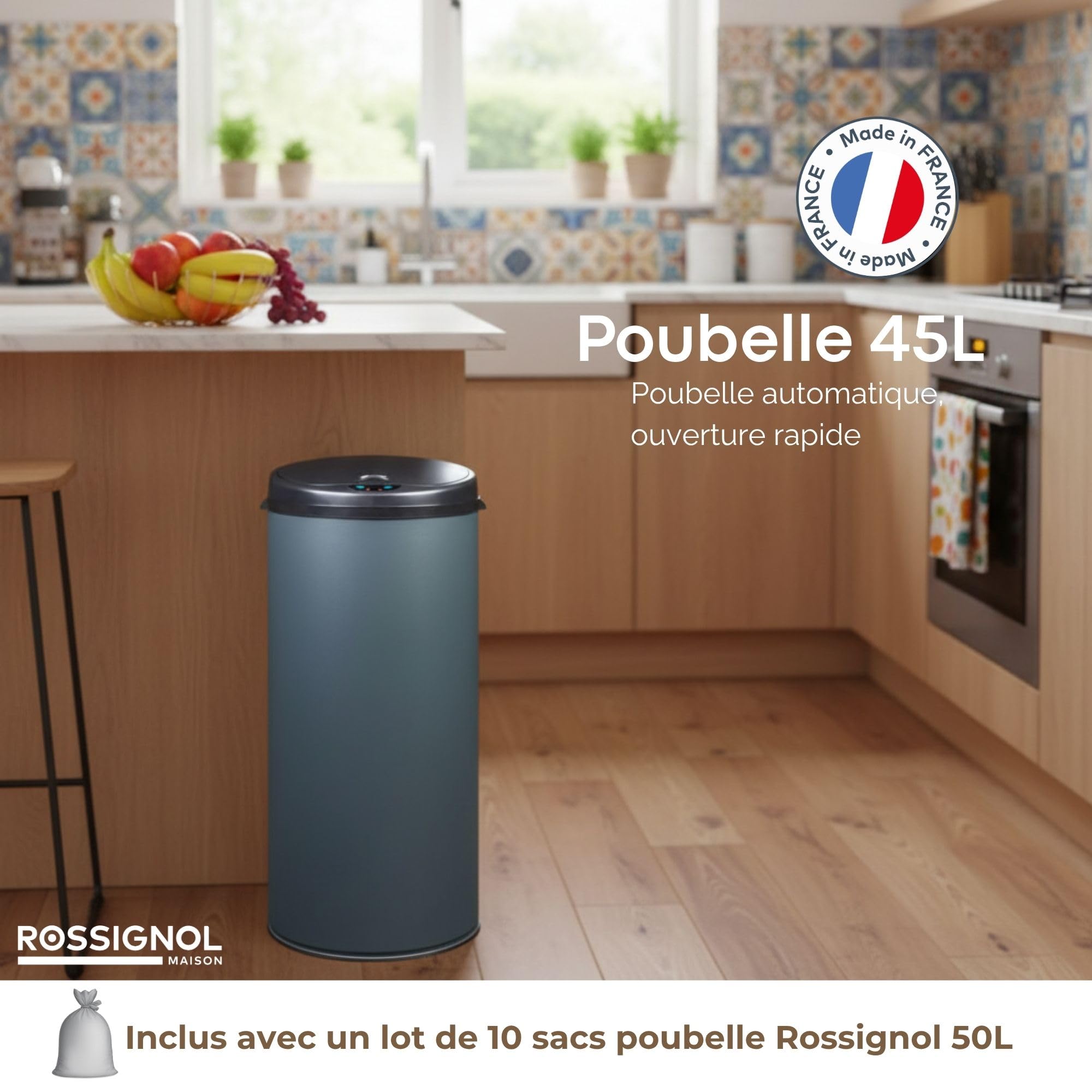 ROSSIGNOL Poubelle de cuisine automatique et 10 sacs-poubelle. Capacité 45L, Fabrication française, Poubelle à ouverture automatique SENSITIVE