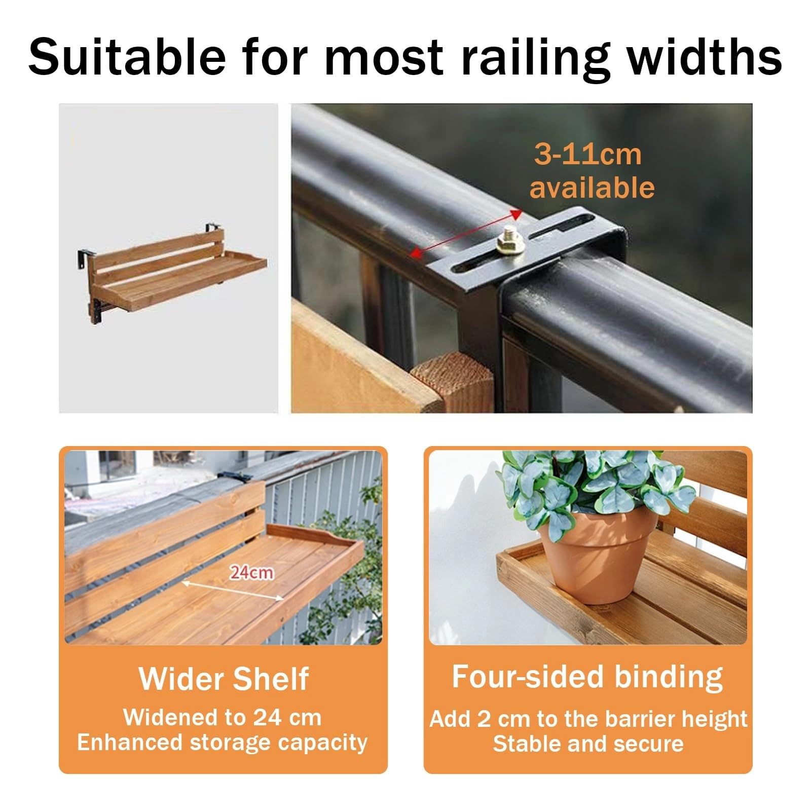 Verstellbarer Klappbarer Balkongeländertisch, Hängender Holz-Beistelltisch für Geländerstärken 3-11cm, Outdoor Pflanzentisch & Serviertisch für Balkon, Terrasse und Garten(Size:90x30cm)