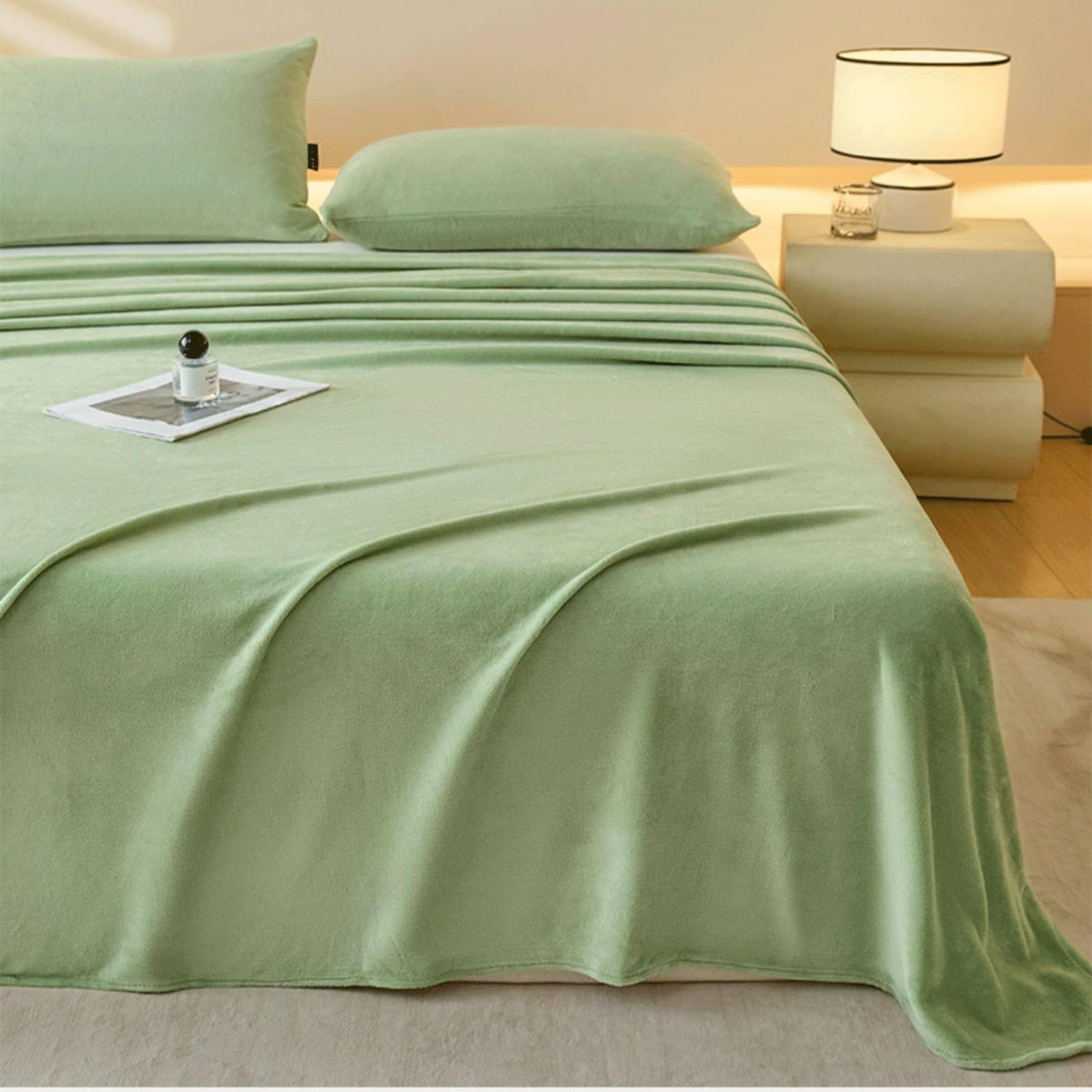 Winter Flanell Bettlaken 120x230cm bis 245x270cm Flauschige Warme Samt Betttuch Cashmere Touch Laken ohne Gummizug(Green A,245x250cm+48x74cm x2)