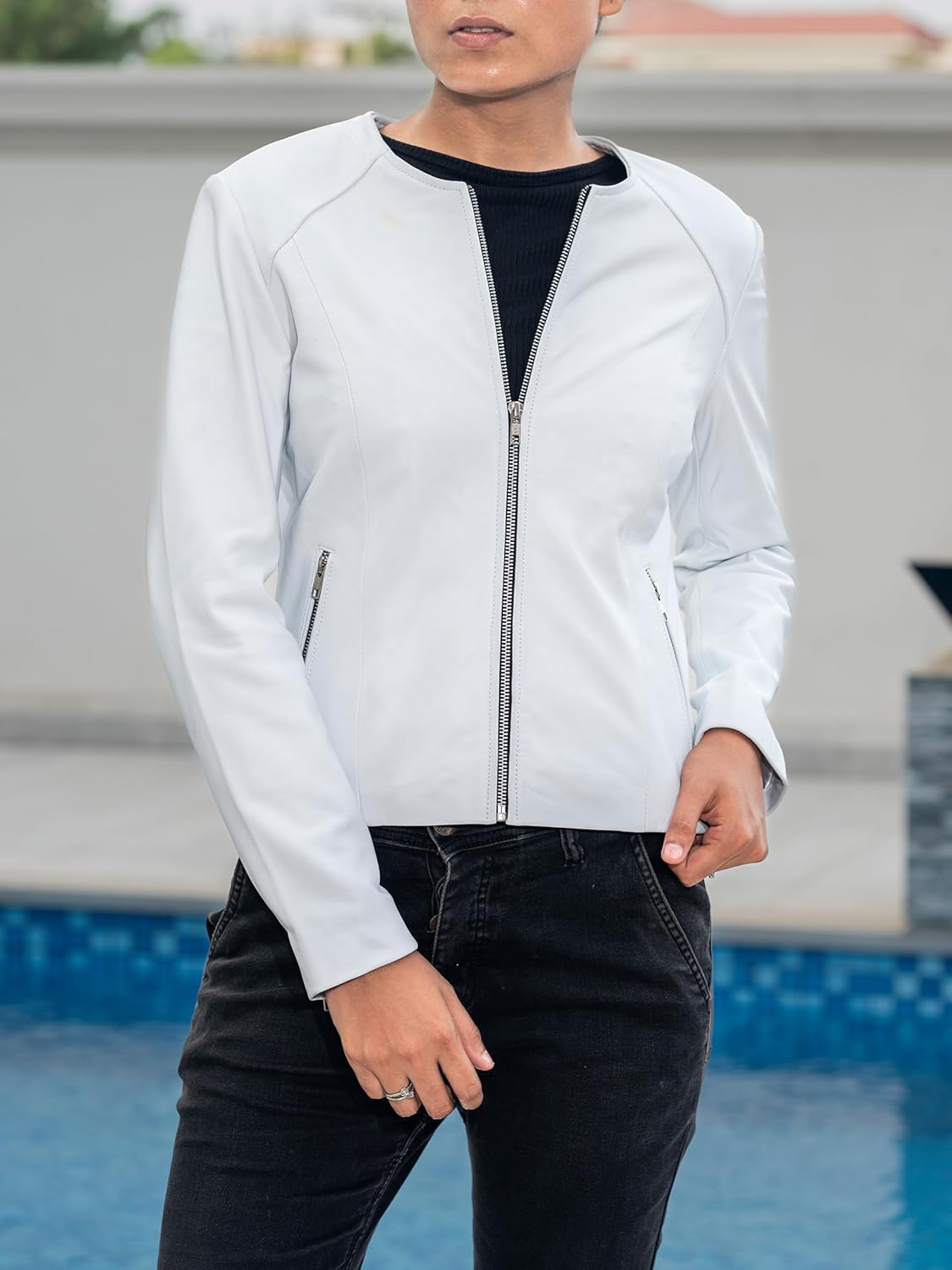 Jild Stylish Collarless Leather Jacket Women – Slim Fit Elegant Style Womens Lightweight Lambskin Leather Jacket - Image 3