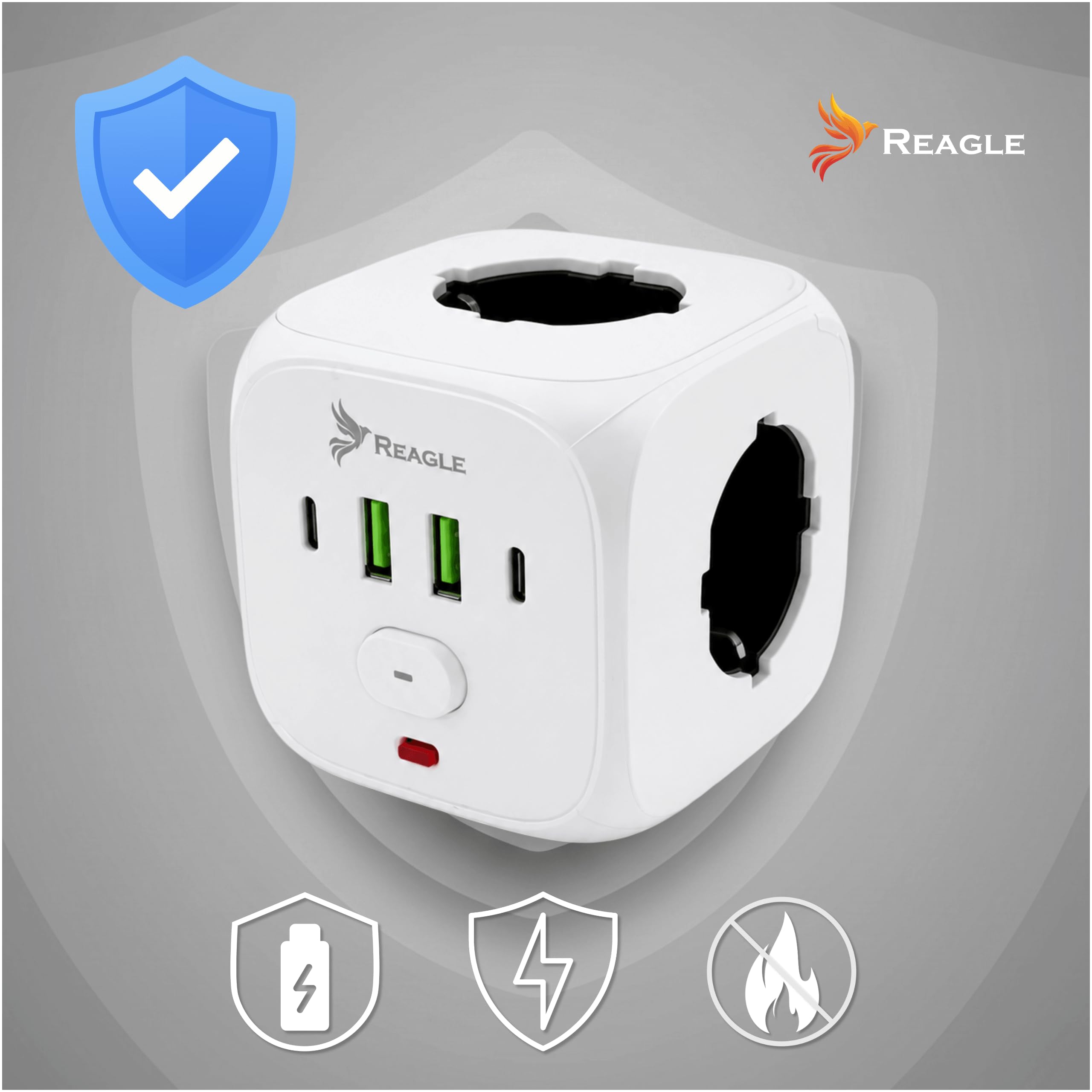 Reagle Kostka Zasilająca Bez Kabla 3 Gniazda 230V, Rozgałęźnik Do Gniazdka z USB 2x USB A 2x USB C, Listwa Zasilająca Cube, Włącznik ON OFF, 2500W, Do Domu Biura Podróży, Biała