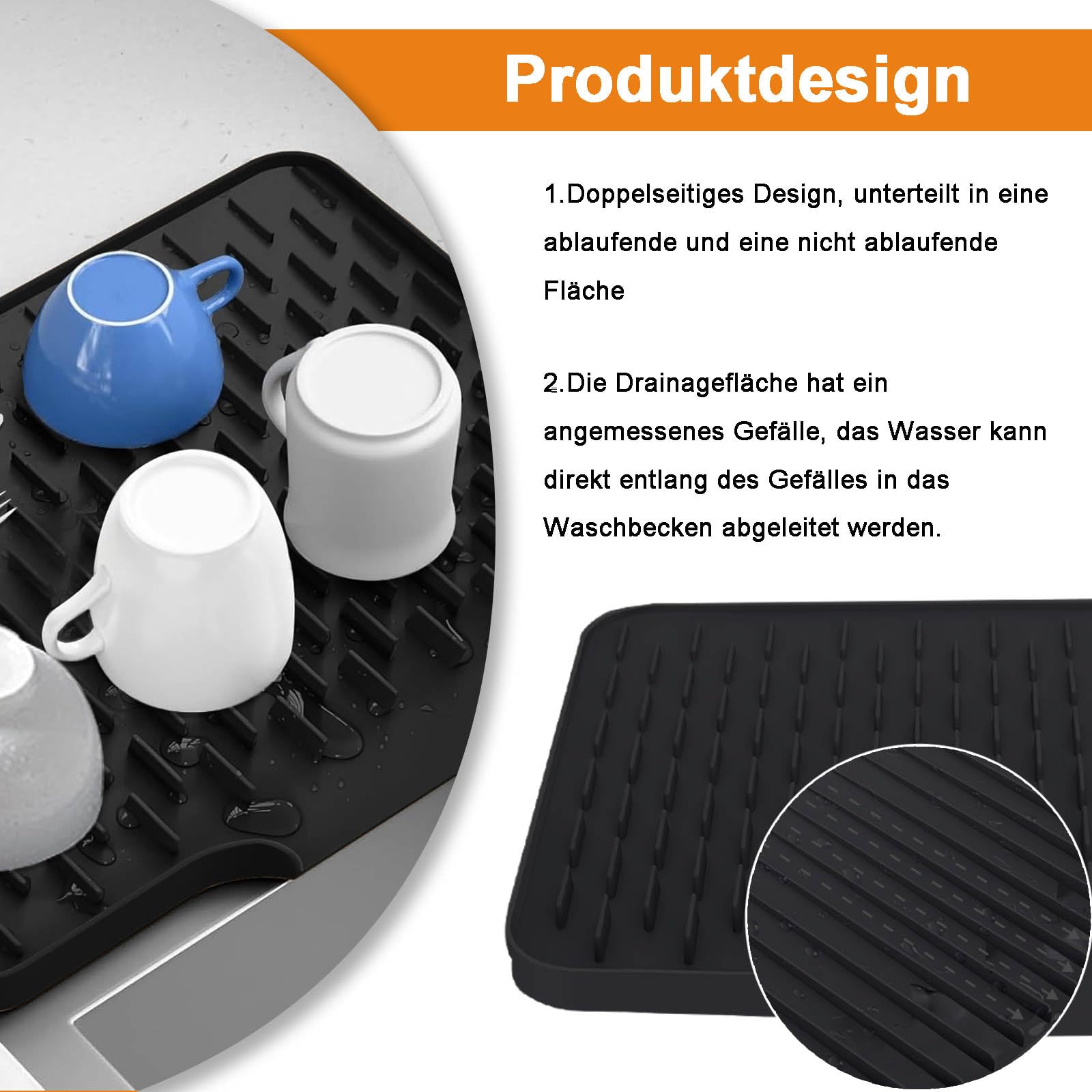 Tapis d'égouttement en silicone, antidérapant, résistant à la chaleur, 45 x 40 cm, pour cuisine, rangement des couverts, noir