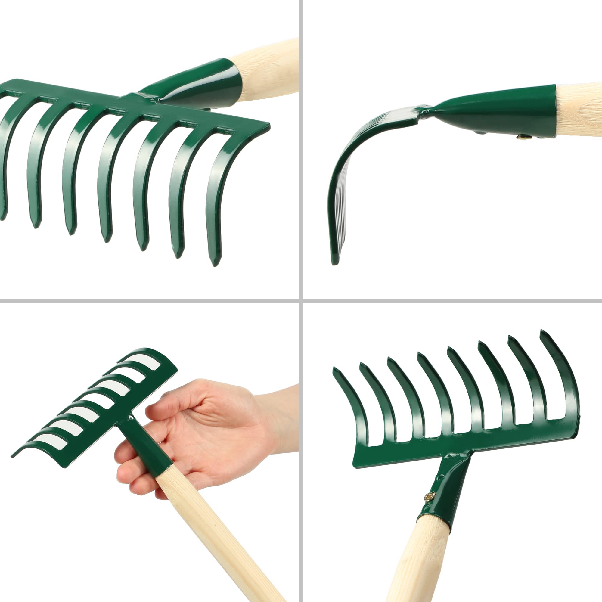 KADAX Petit râteau manuel en métal avec manche court en bois pour le jardinage, râteau de jardin durable pour ameublir le sol et enlever les mauvaises herbes (vert, 8 dents)