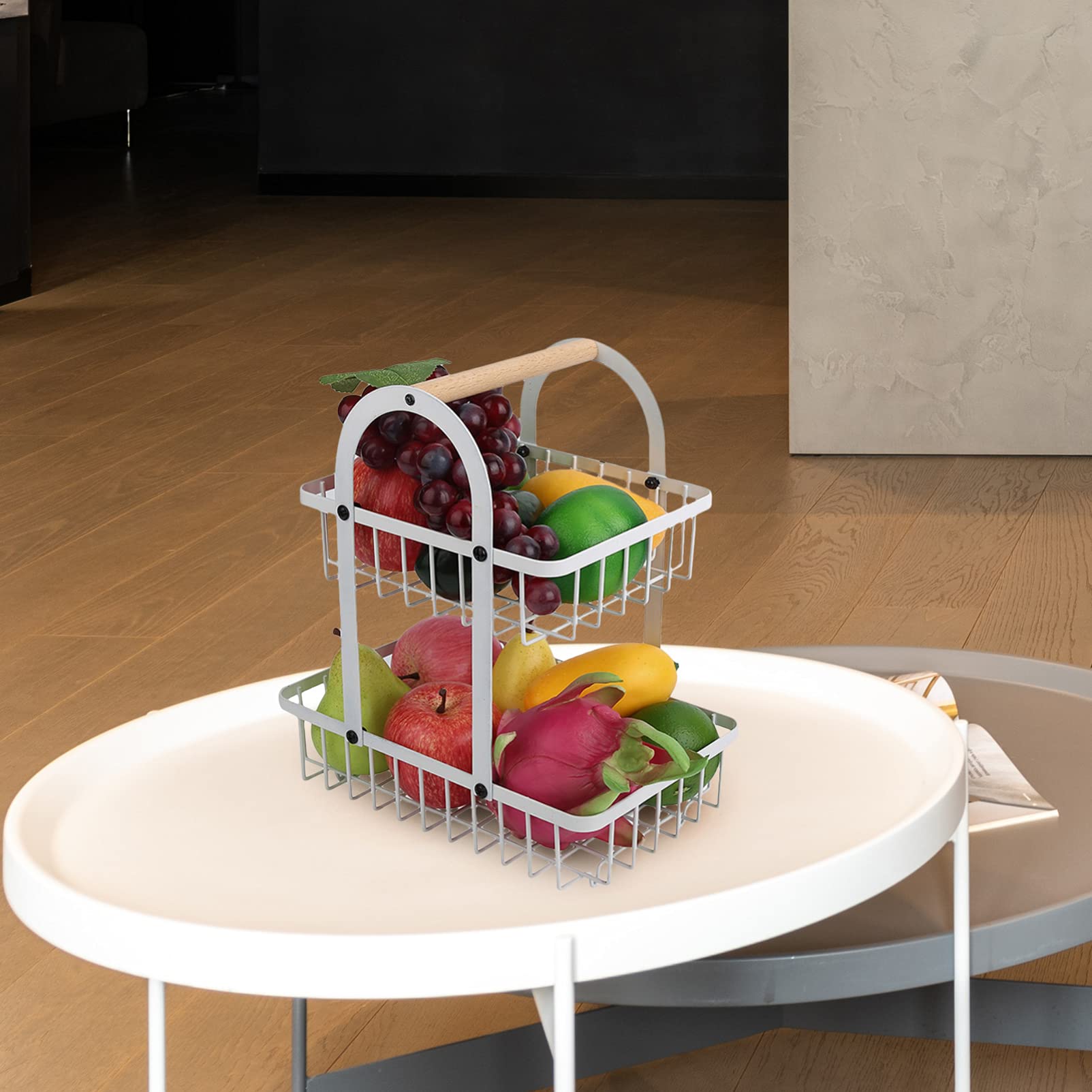 Alipis Cesta de Frutas de Escritorio de Hierro y Madera, Doble Capa | Blanco, Estructura de Dos Niveles, Almacenamiento y Drenaje, Adorno de Mesa para Hotel y Fiesta