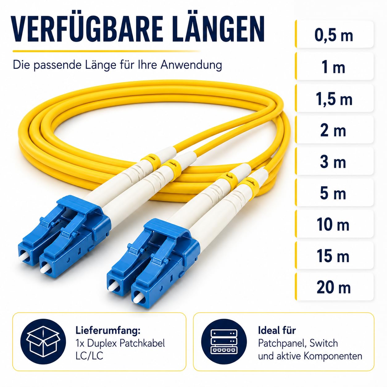 1aTTack.de 1 x 20 m OS1 / OS2 LWL DX DUPLEX kabel krosowy LC/UPC - LC/UPC SM SINGLEMODE - 9/125 µm LSZH żółty