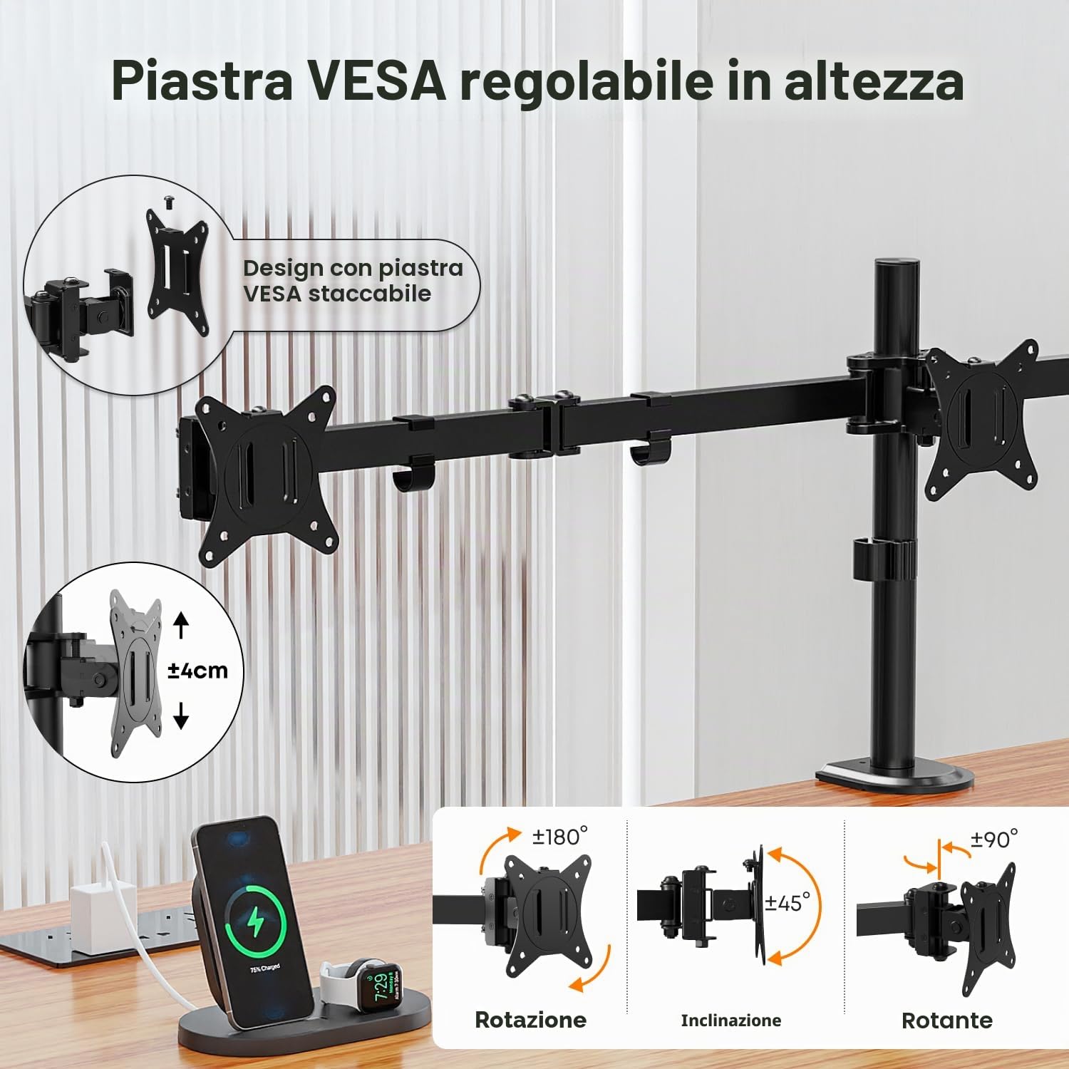 supporto per monitor 3 monitor per schermo piatto e curvo da 17-27 pollici, vesa 75 x 75 100 x 100 supporto da scrivania per 3 monitor, 7 kg/braccio, 2 metodi di installazione.