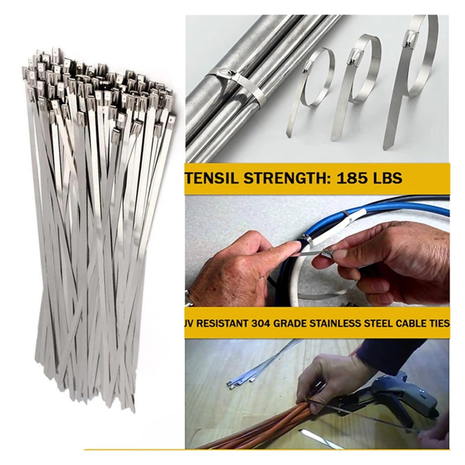 10 mm selbstsichernde Metall-Kabelbinder aus 304-Edelstahl, 100 Stück Mehrzweck-Kabelbinder für die Auspuffumwicklung(10x600mm)