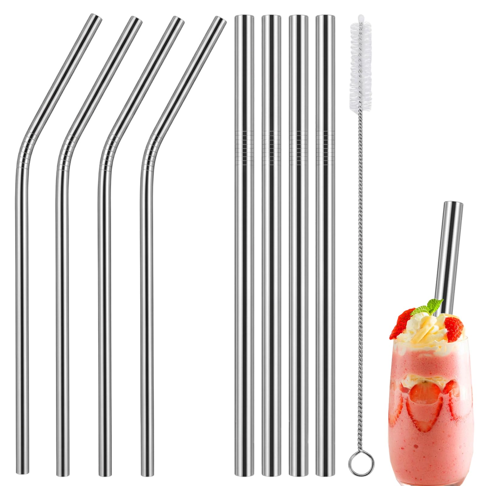 8 PCS Stainless Steel Straws Metal Straws Drinking, 12mm/8mm Extra Wide Reusable Metal Straw Set for Smoothies Cocktails and Cold Drinks,Extra Long Steel Straw Dishwasher Safe with Cleaning Brush