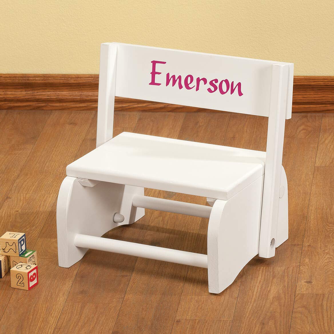 Miles Kimball Custom White Wooden 2-in-1 Chair and Stepstool, Pink Font