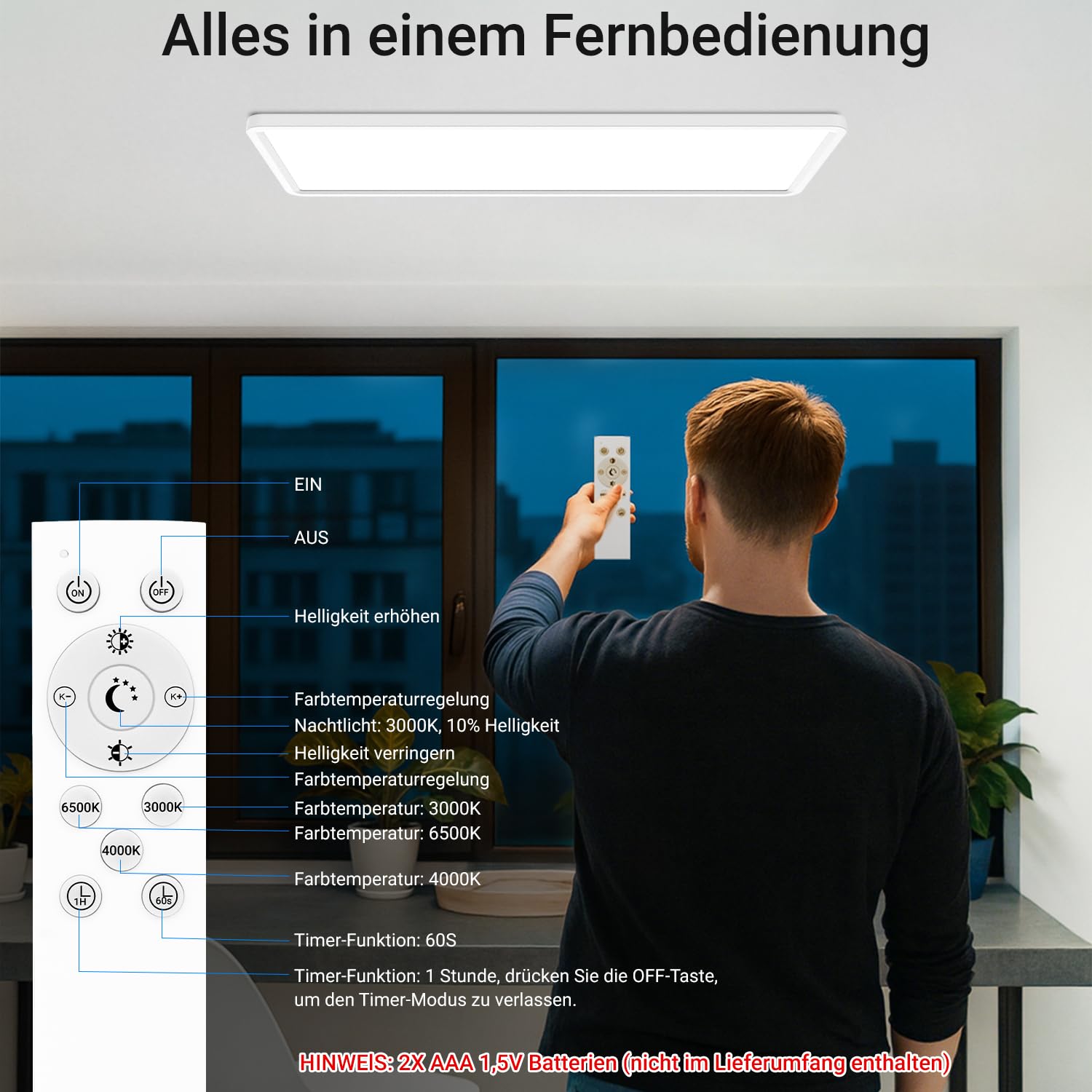 Peasur LED Deckenleuchte Flach 58x20cm 3500LM, Deckenlampe Dimmbar mit Fernbedienung 3000K-6500K, IP44 Küche Deckenleuchte Rechteckig LED Panel für Wohnzimmer Schlafzimmer Badezimmer Büro