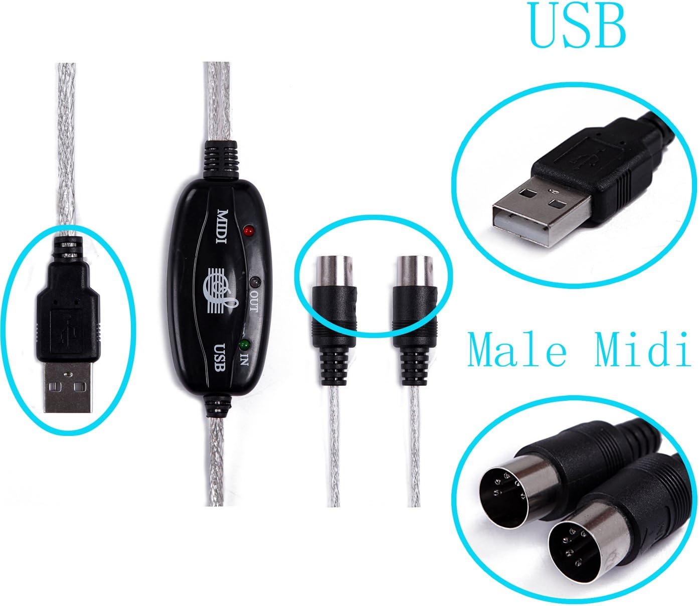 HDE USB to MIDI Cable PC to Synthesizer Microphone Keyboard Instrument Converter Adapter for Home Music Studio