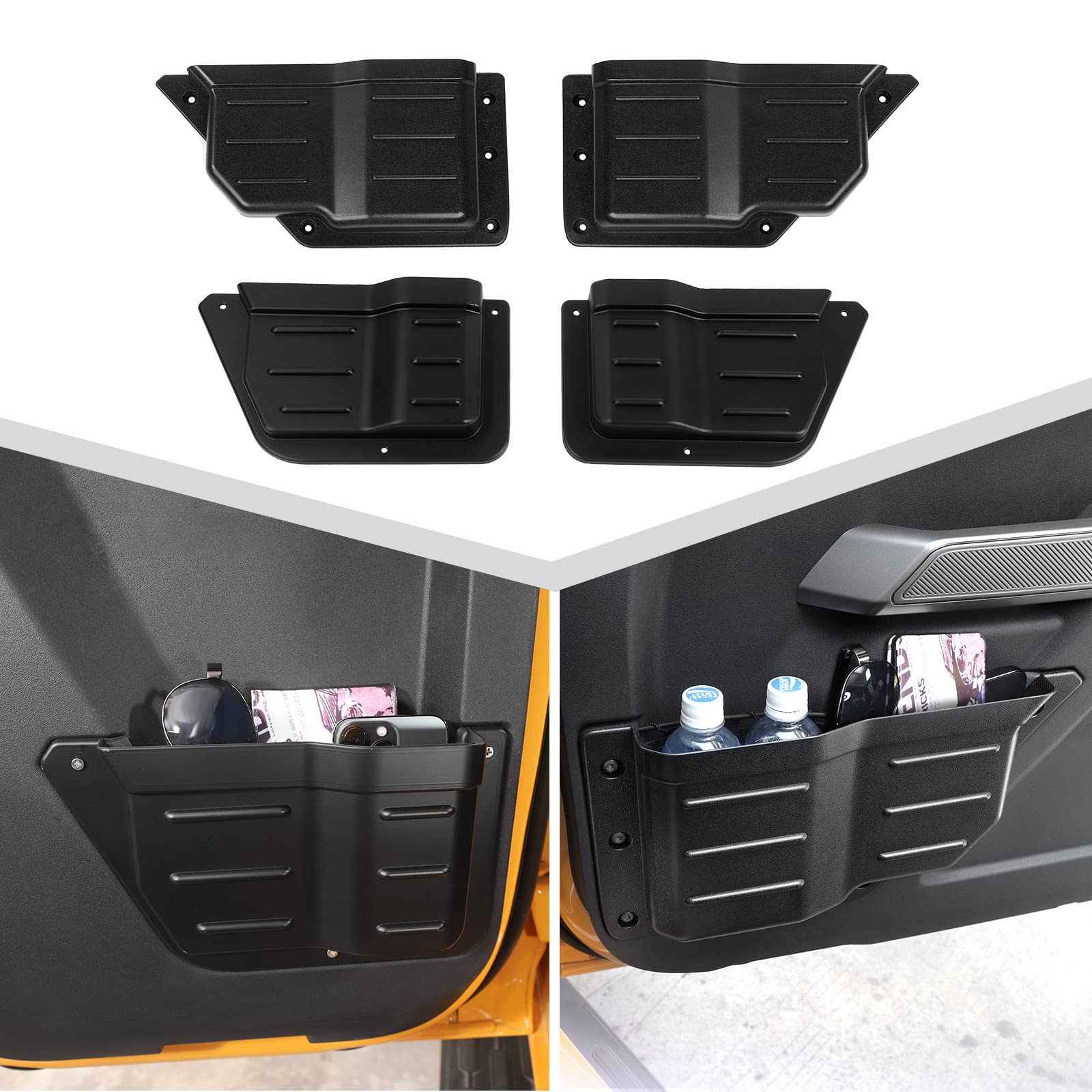 Jimen Compatible with Ford Bronco 4 Door 2021-2023, 4PCS Front & Rear Door Side Pockets Storage Box Organizer Cup Holder Interior Accessories
