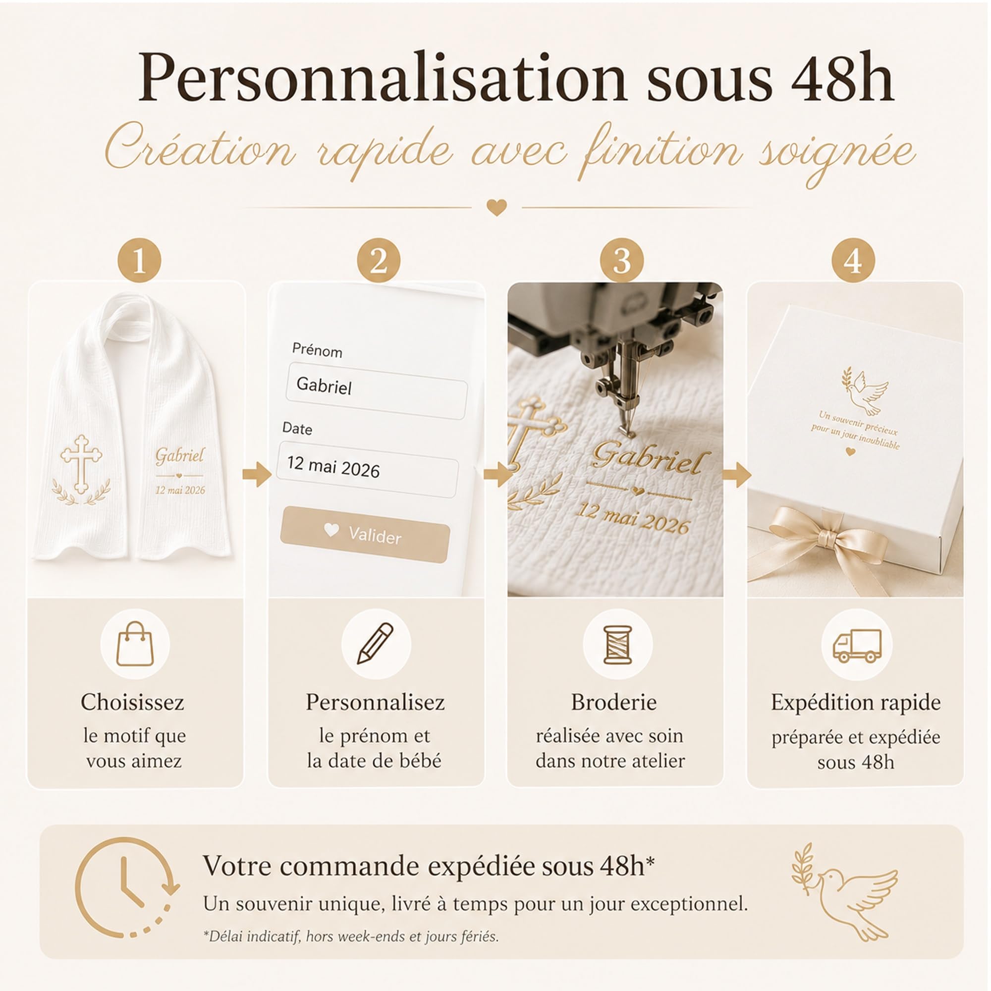 Écharpe de Baptême Personnalisée Bébé – Double Gaze de Coton Brodée Prénom & Date – Étole Baptême Blanche Douce et Légère – Cadeau Baptême avec Coffret Cadeau(Modèle 17)