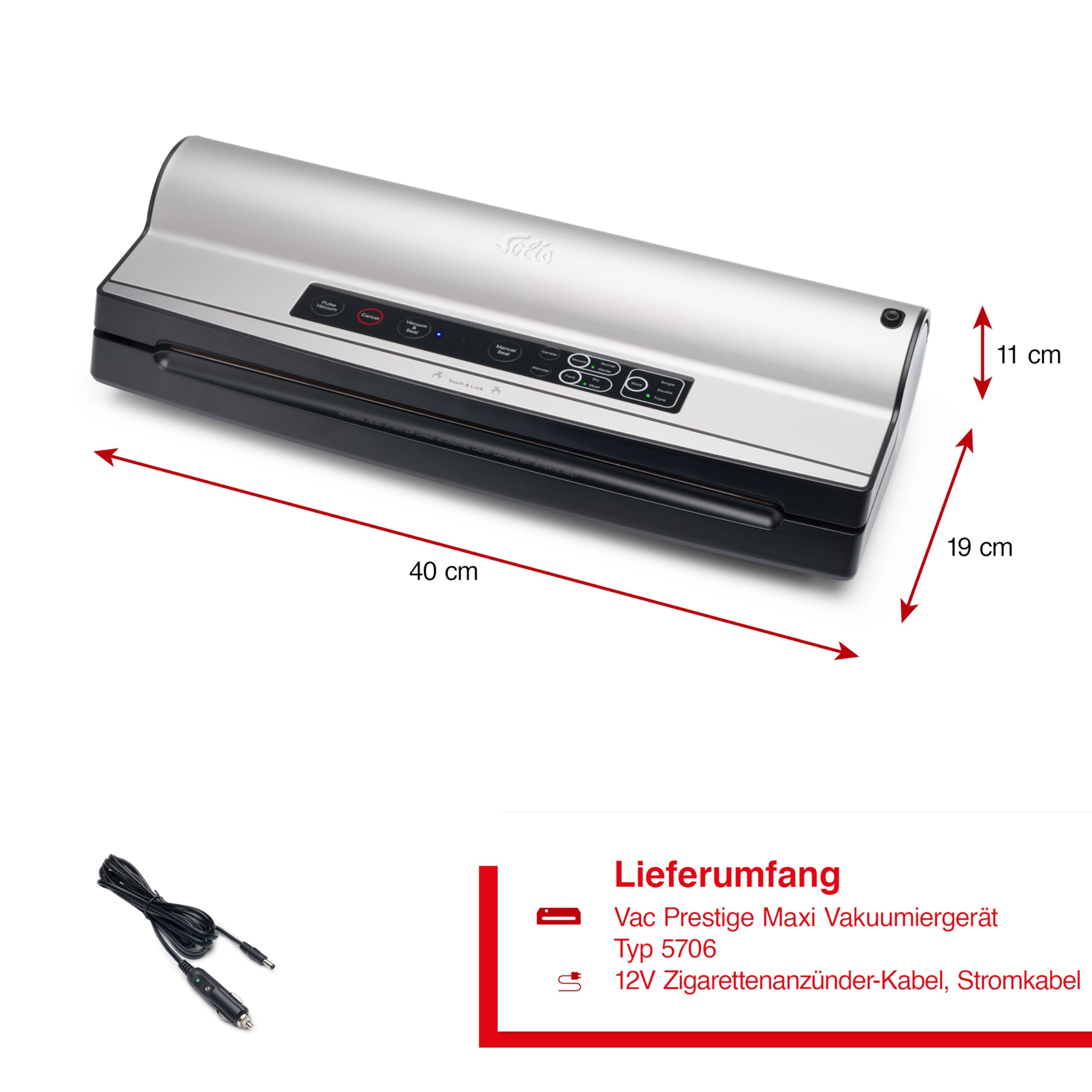 Solis Vac Prestige Maxi 5706 Vakuumiergerät | bis zu 4x länger frisch, 150W, -0,8bar, Pulse- & Marinier-Funktion, 40 cm Beutelbreite
