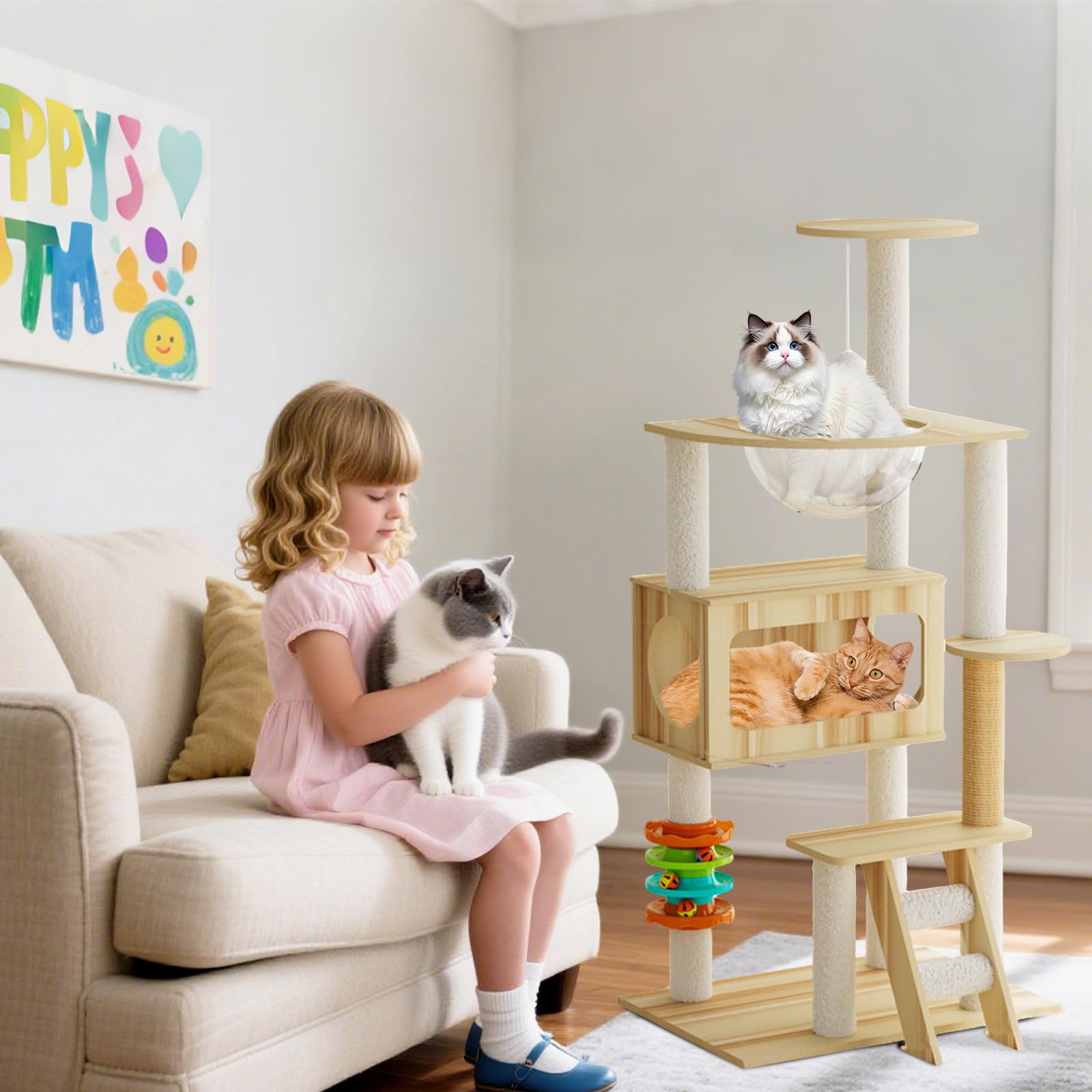 PETCUTE Torre per Gatti in Legno,Grande,Più Gatti,119cm Tiragraffi per Gatti Stabile con Capsula Spaziale Trasparente,Piattaforma di Osservazione, Parco Giochi,Scala,Grotta,Facile da Pulire