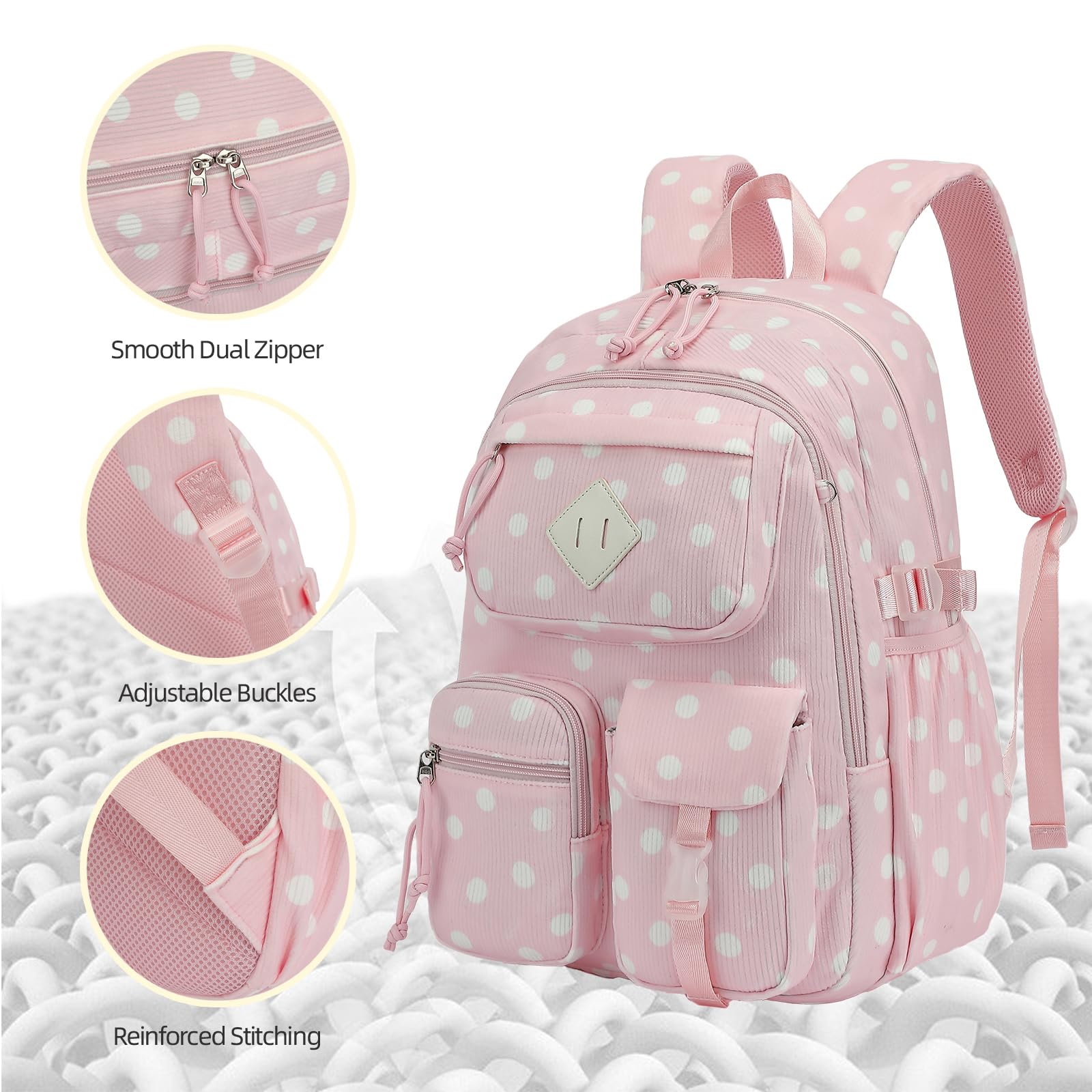 3-teiliges Schulrucksack-Set aus Cord für Mädchen, Kinder, großes Fassungsvermögen, Schultasche, Büchertaschen-Set mit Lunchbox und Federmäppchen, Cord, gepunktet, 16.5" x 11.9" x 6.3", Casual