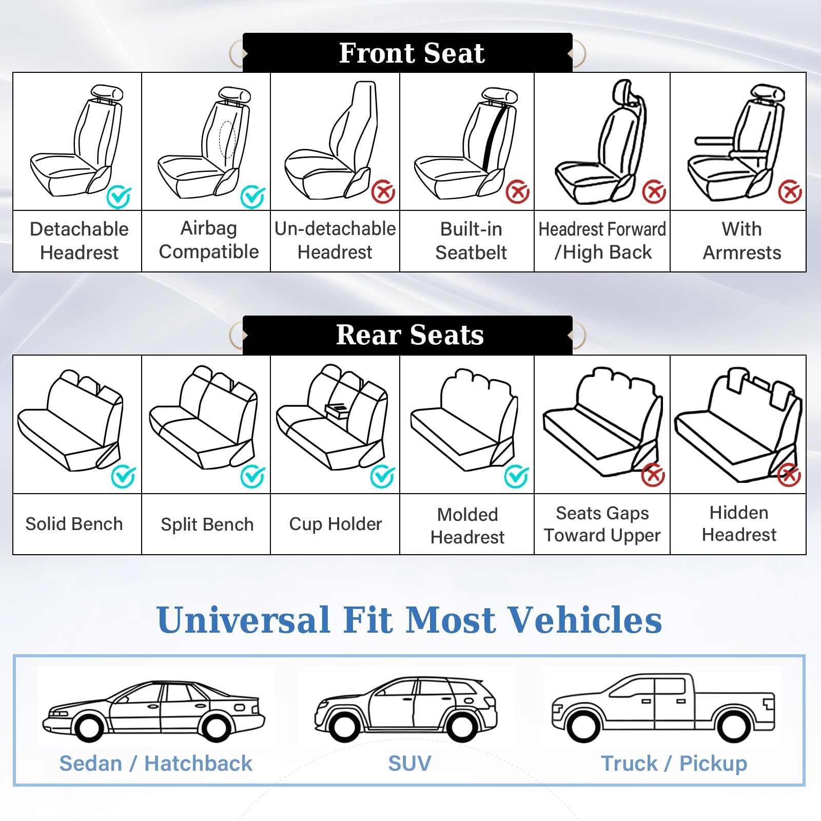 Coverado Car Seat Covers Full Set Front and Back Seat Covers for Cars Luxury Faux Leather Waterproof Seat — view 9