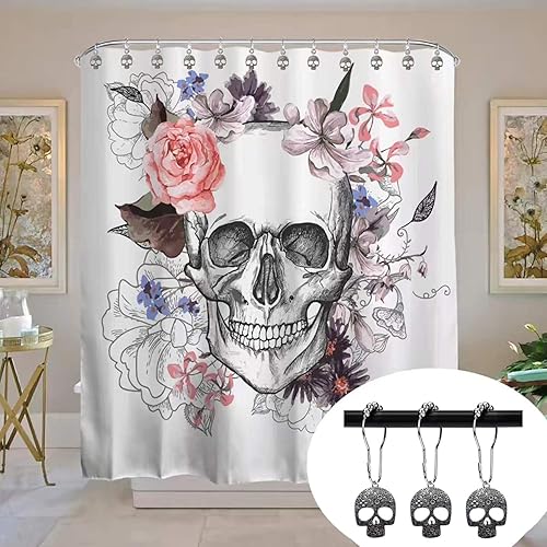 Miniatura 2 de Juego de 12 ganchos decorativos para cortina de ducha con calavera de azúcar, acero inoxidable, esqueletos inoxidables, anillos para cortina de