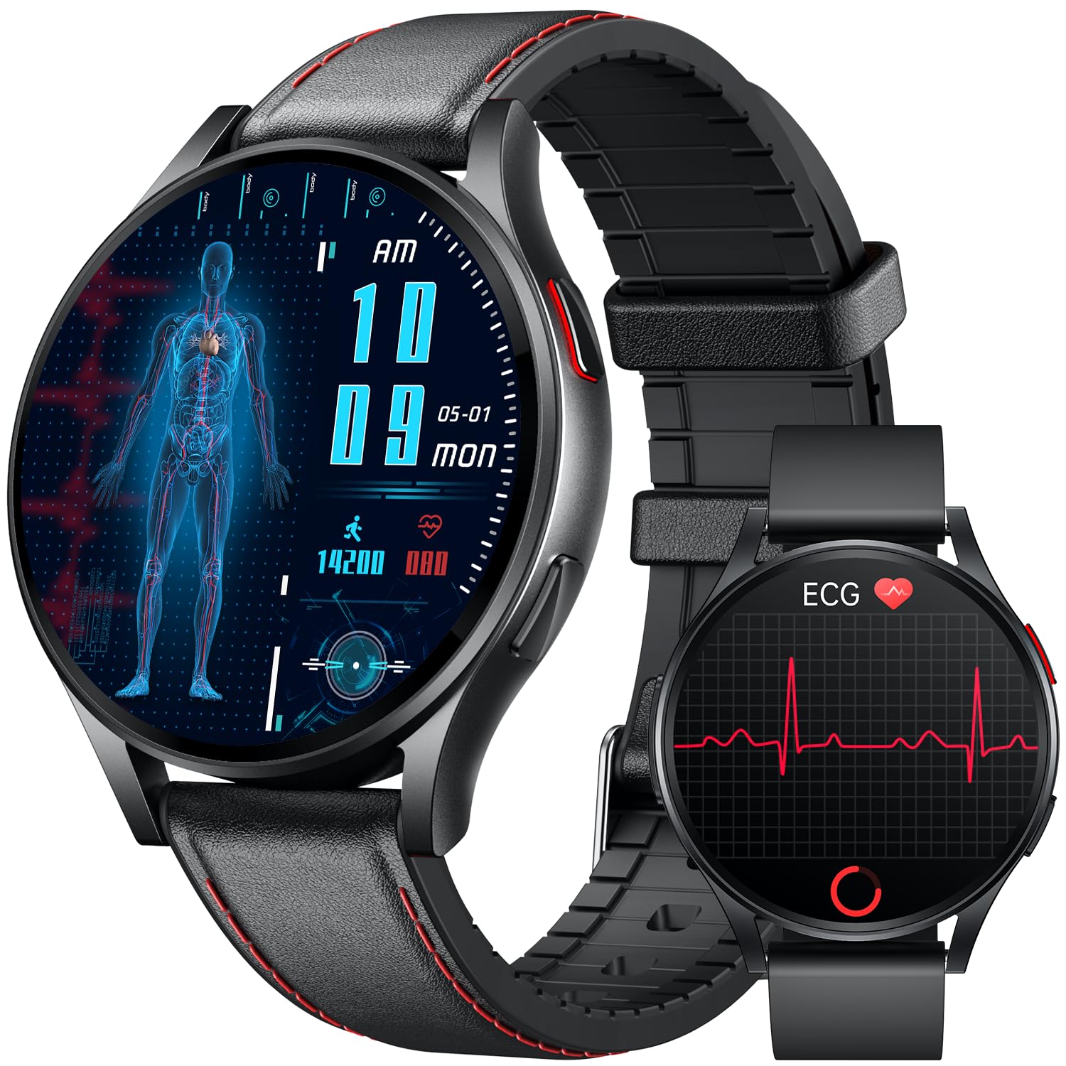 Montre Connectée Homme Smartwatch ECG+HRV - Repondre Appel 1.43'' AMOLED Montre Intelligente Santé Bracelet Connectee avec Sommeil SpO2 Fréquence Cardiaque Podomètre Fitness Tracker pour Android iOS