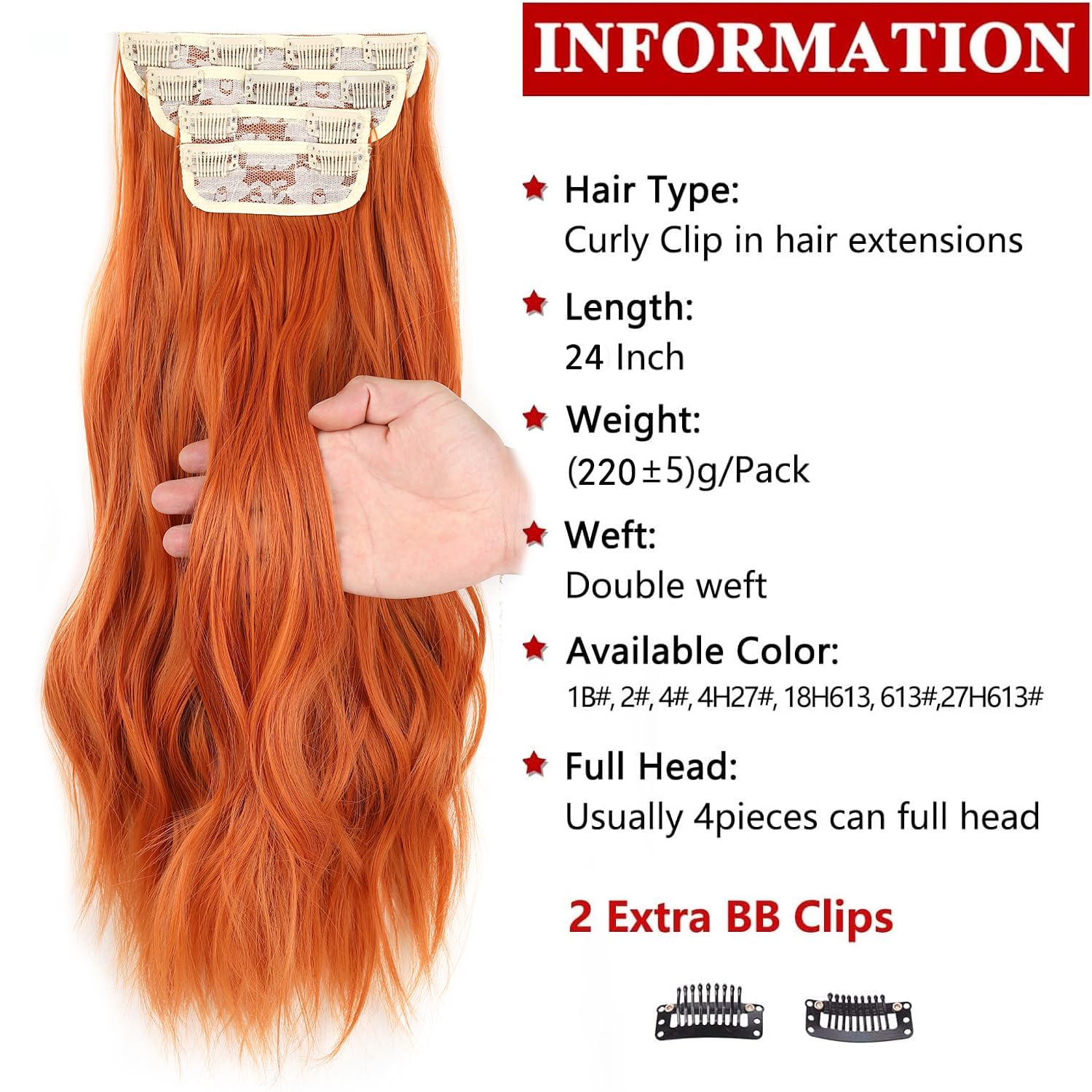 Xtrend 24Inch Auburn Clip in Hair Extensions, Synthetic Curly Wavy Pieces for Women Girls, 4PCS Full Head Set, Thick - Image 2