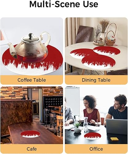 Miniatura 5 de Juego de 8 manteles individuales redondos tejidos con grafiti abstracto, diseño de grafiti de Navidad, color rojo y blanco, manteles individuales