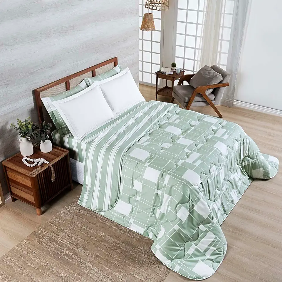 Edredom Cobertor Belle Queen 400 Fios Dupla Face Estampado Qiadriculado Verde