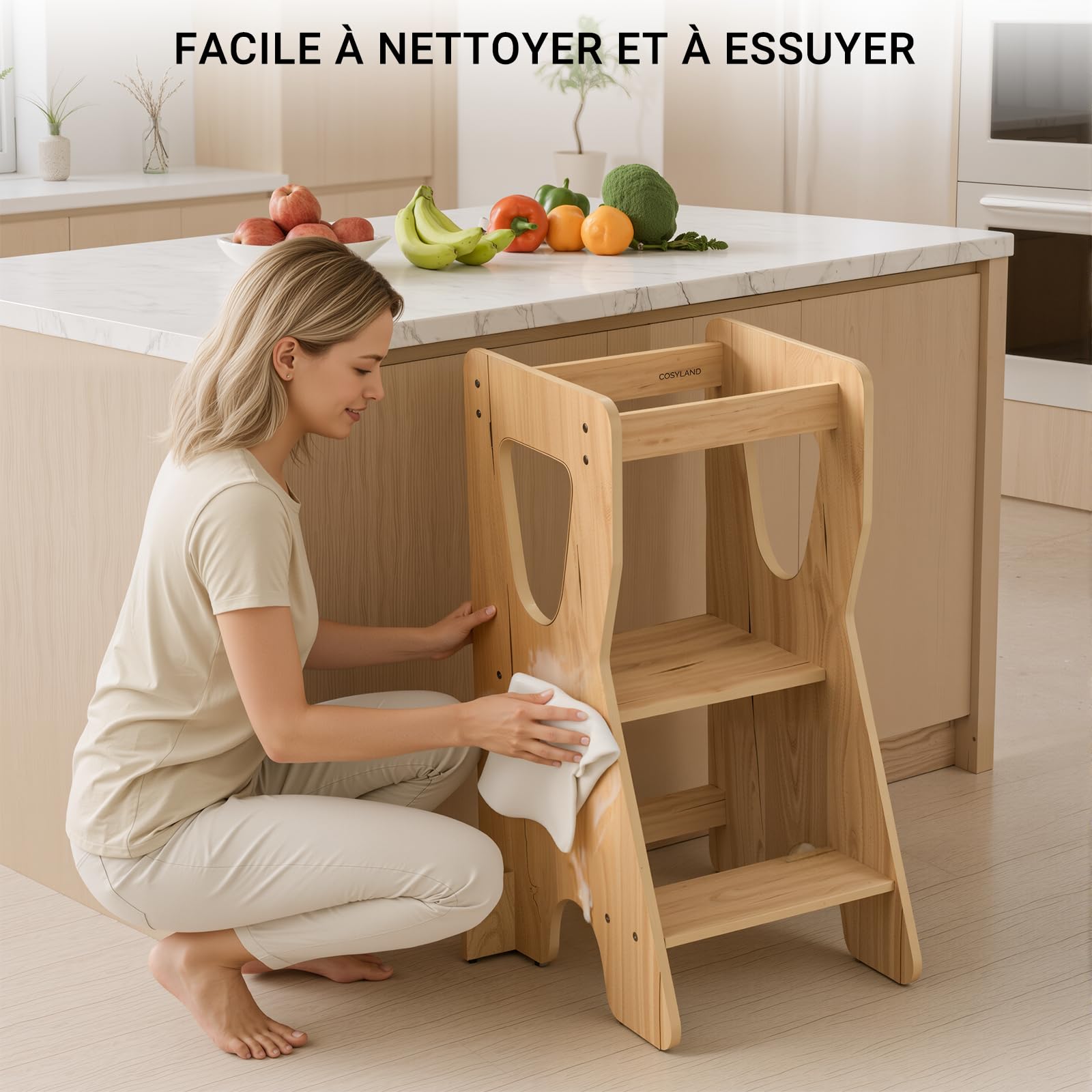 COSYLAND Tour d'Observation Montessori Réglable en Hauteur pour Enfants 18 Mois-6 Ans, Chaise d'Apprentissage en Bois Sécurisée, Design Stable Moderne