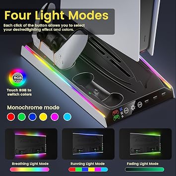 Fenolical PS5/Slim/Pro Stand with Adjustable Cooling Fan, Vertical PS5 Cooling Charger Stand for PS5/Slim/Pro, Multifunctional PS5 Slim Cooling Station with Dual Controller Chargers and RGB Light