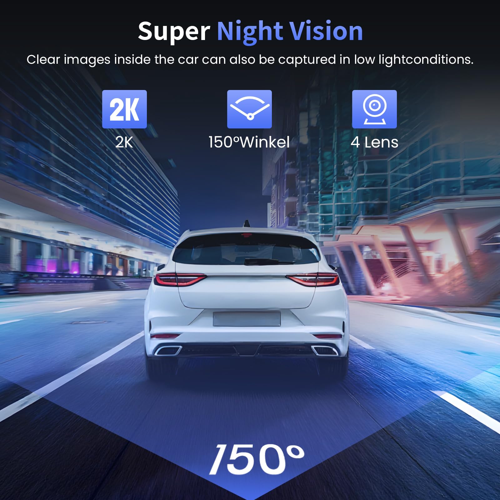 Hikity Dashcam de Bord 4 canaux, Dashcam Voiture de Bord WiFi 2K à l'avant et 1080P à l'arrière à l'intérieur de la Gauche à Droite, Voiture avec Carte de 64G - Wi-FI, Capteur G