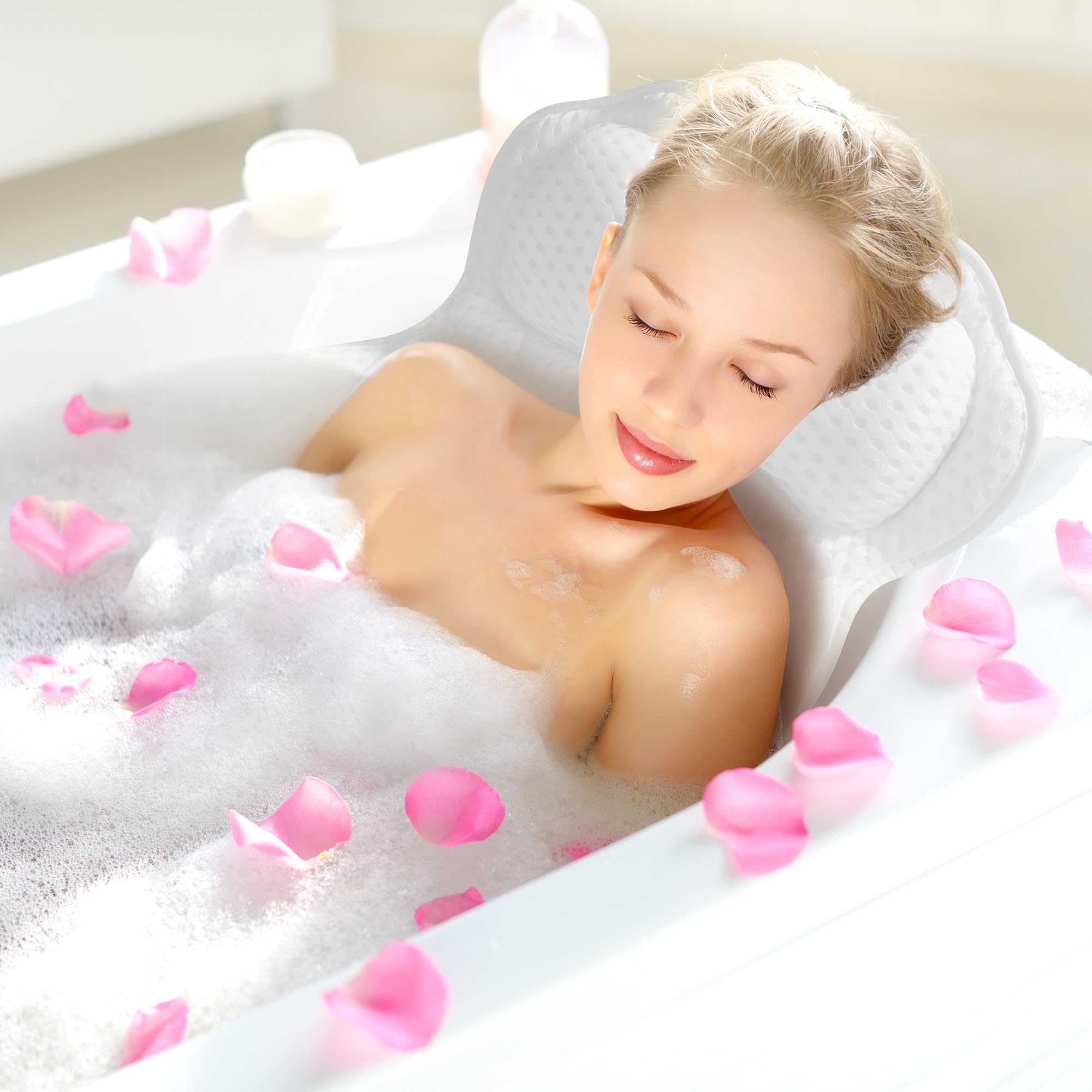 Coussin Baignoire, Coussin de Baignoire,Coussin Baignoire Adulte avec technologie 4D air mesh et avec 6 ventouses antidérapantes, soutient la tête, le cou, le dos, convient à toutes les baignoires (Bl