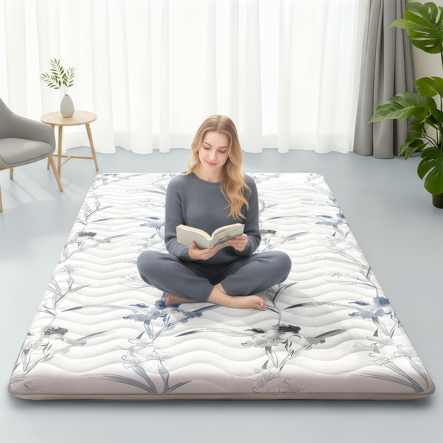 schnauzer home japanese floor mattress, 3.5" thicken ink wash floral pattern portable futon mattress, 100% high-density foam tatami mat sleeping pad for camping guest room dormitory rv, white, full